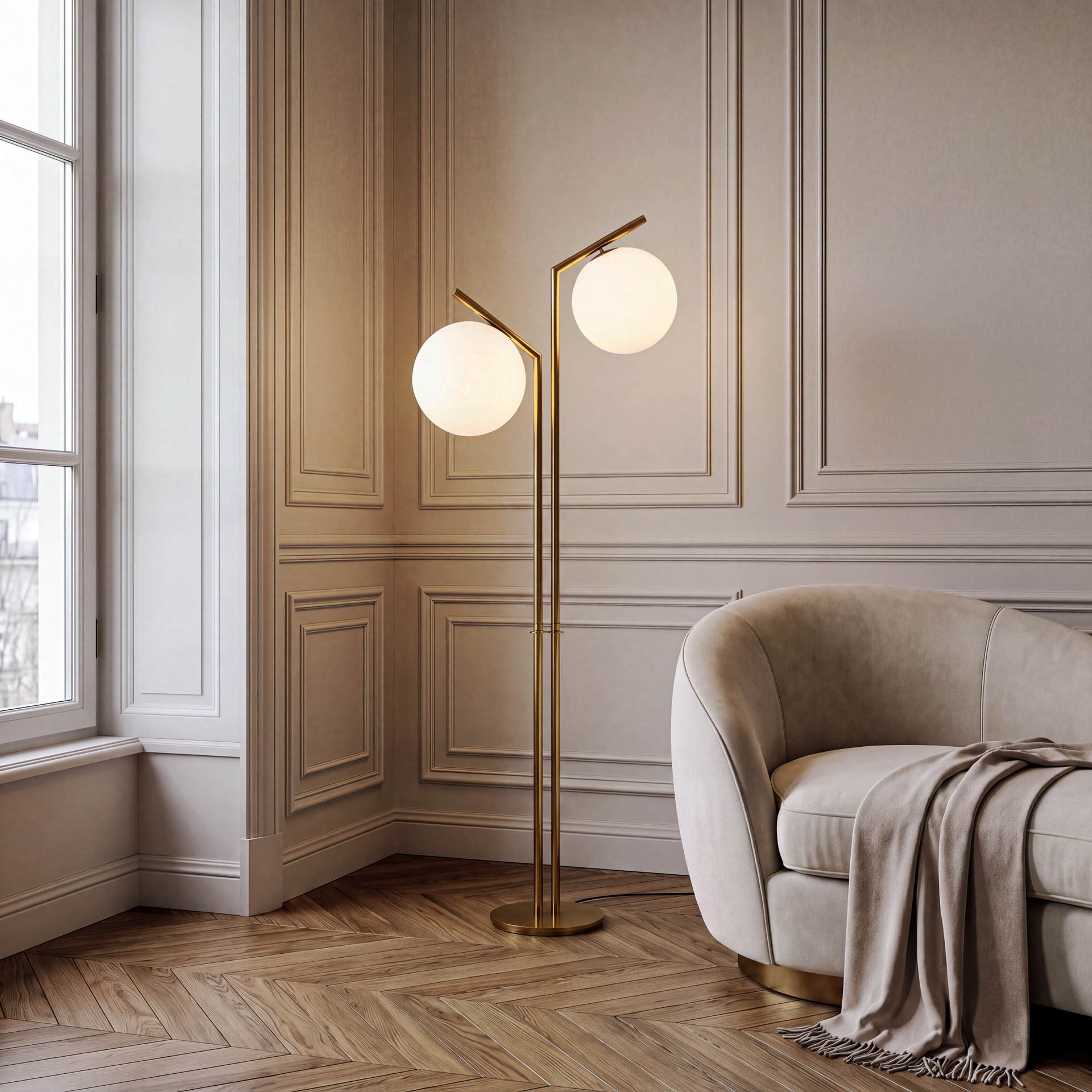 Livspace Orbis Stem Floor Lamp | White + Gold
