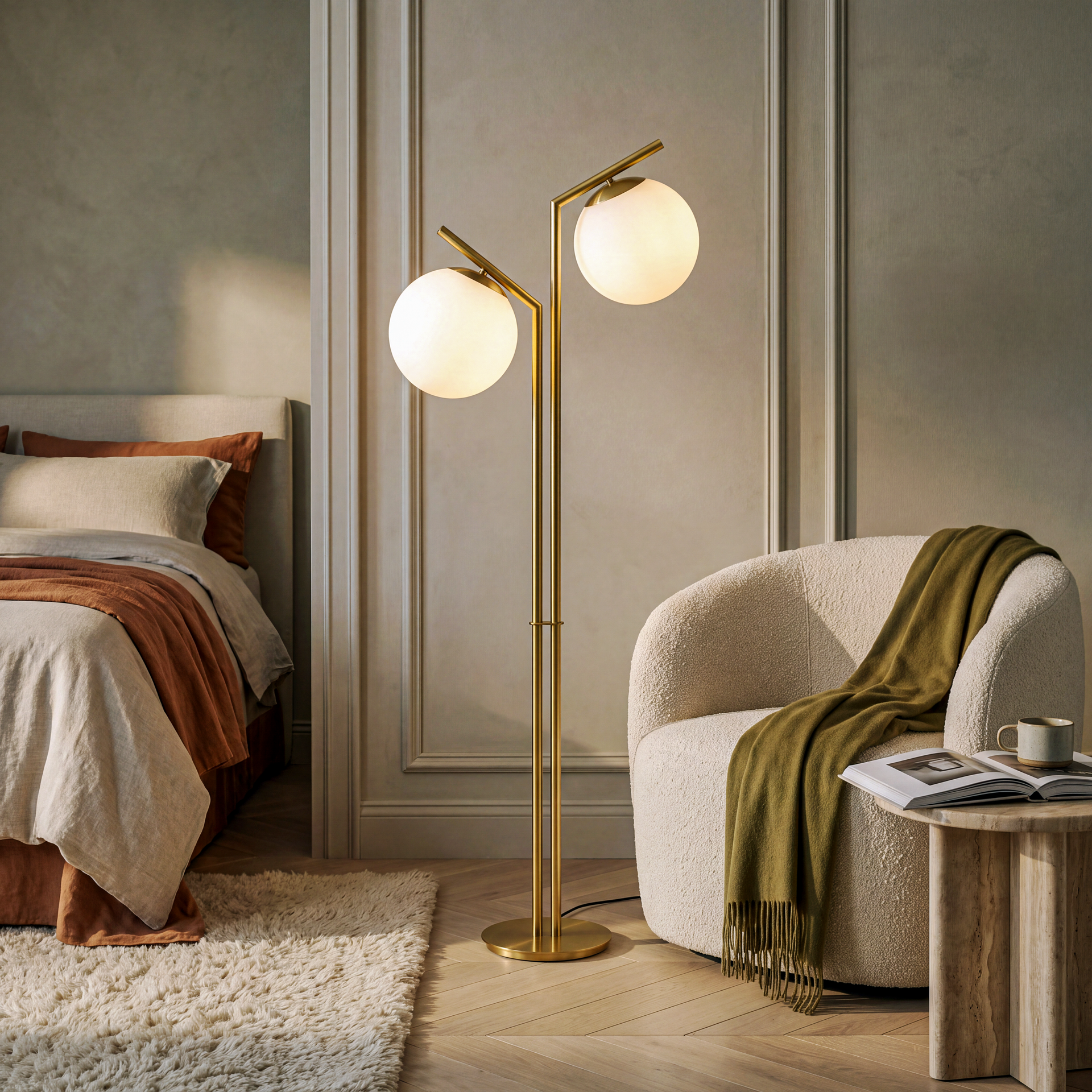 Livspace Orbis Stem Floor Lamp | White + Gold