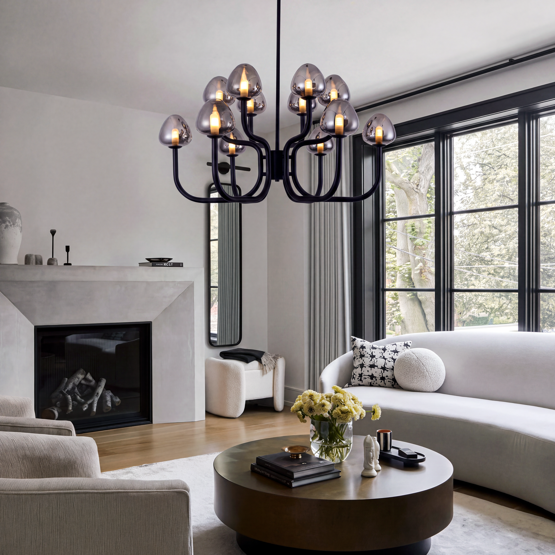 Livspace Spore 12 Head Chandelier | Smoked Grey + Black