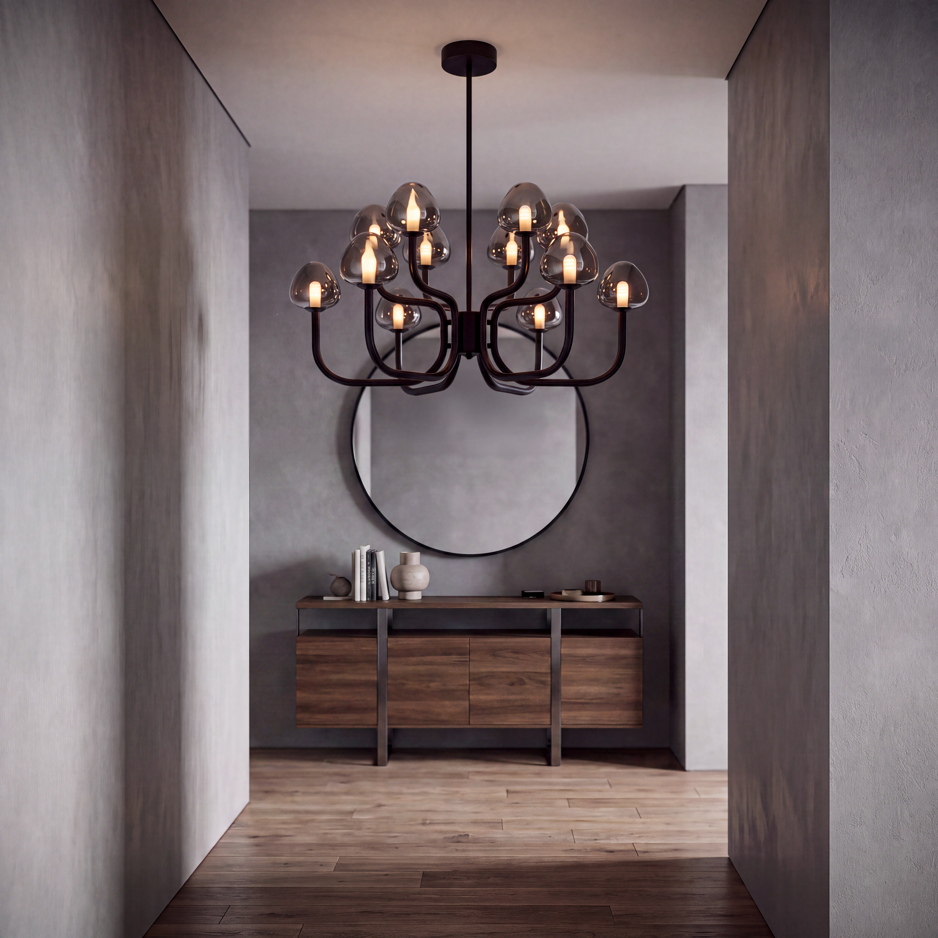 Livspace Spore 12 Head Chandelier | Smoked Grey + Black