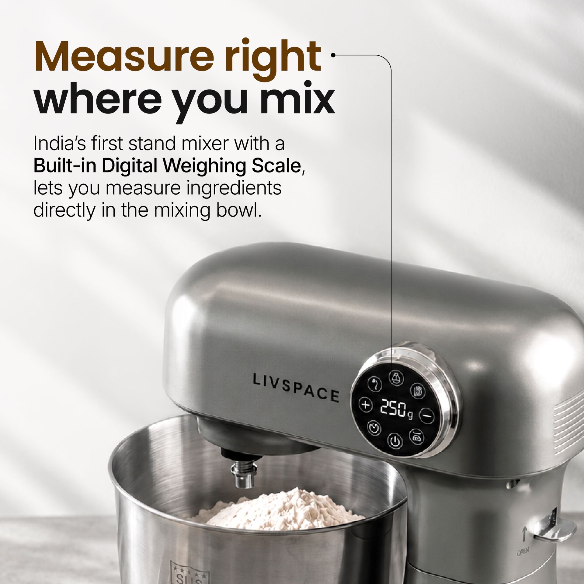 Livspace Stand Mixer with In-built Weight Scale 5 L - Metallic Grey