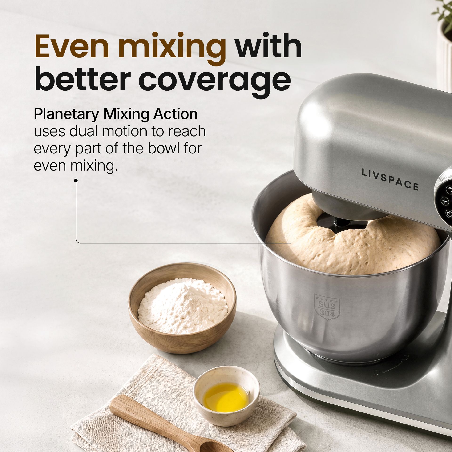 Livspace Stand Mixer with In-built Weight Scale 5 L - Metallic Grey