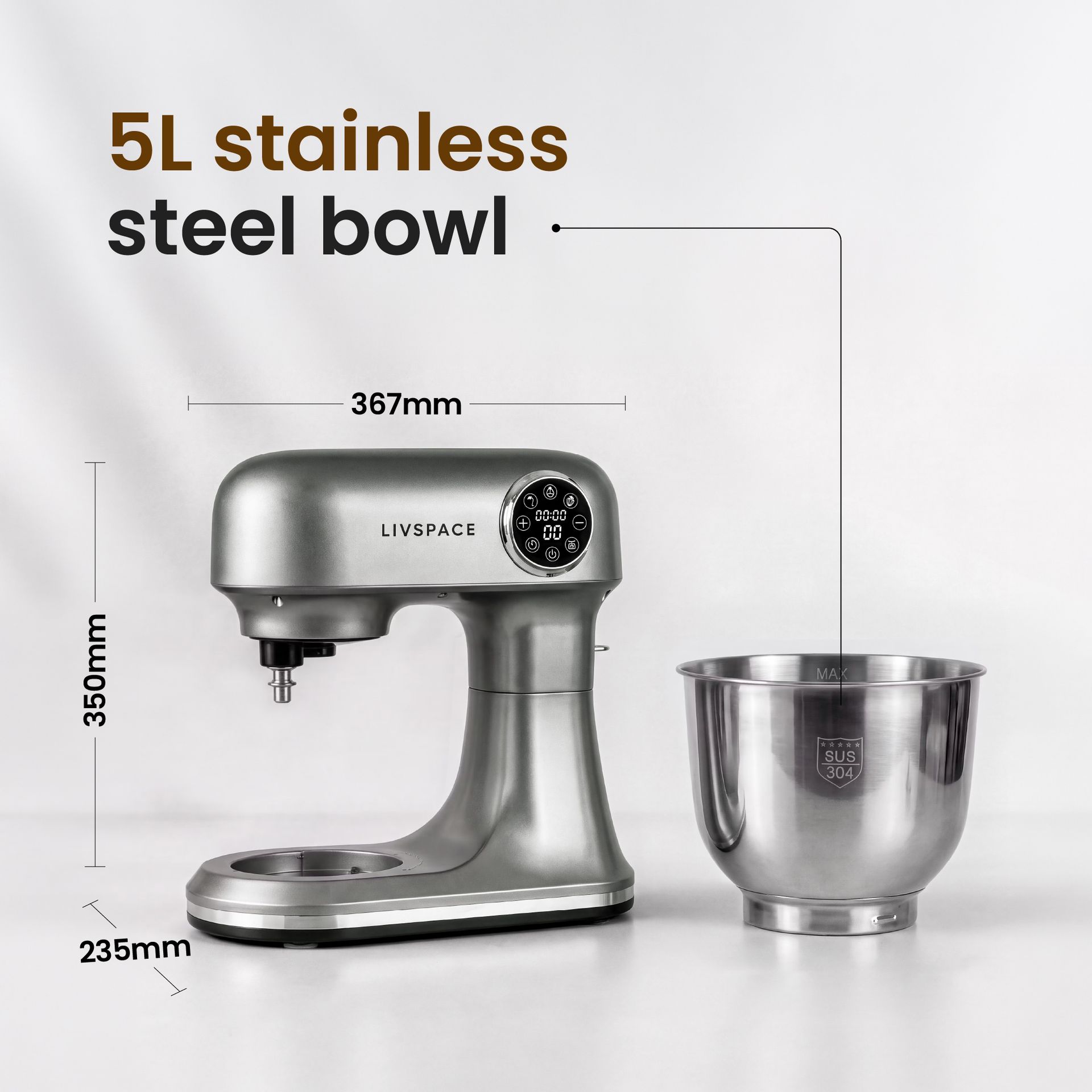 Livspace Stand Mixer with In-built Weight Scale 5 L - Metallic Grey