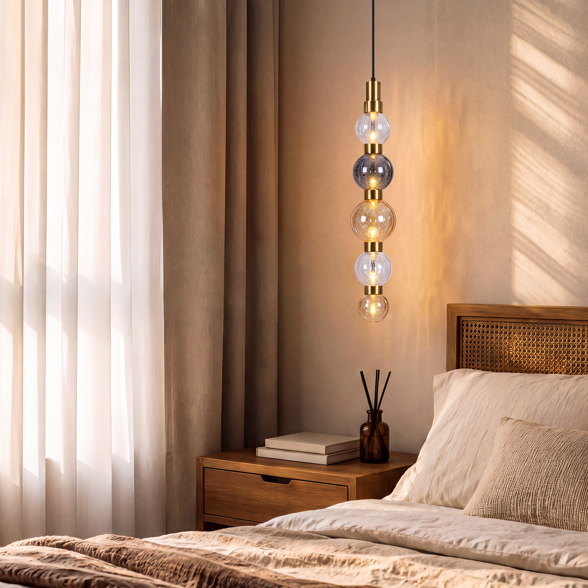 Livspace Strand 5 5 Head Chandelier | Smoke/Amber/Clear + Brass