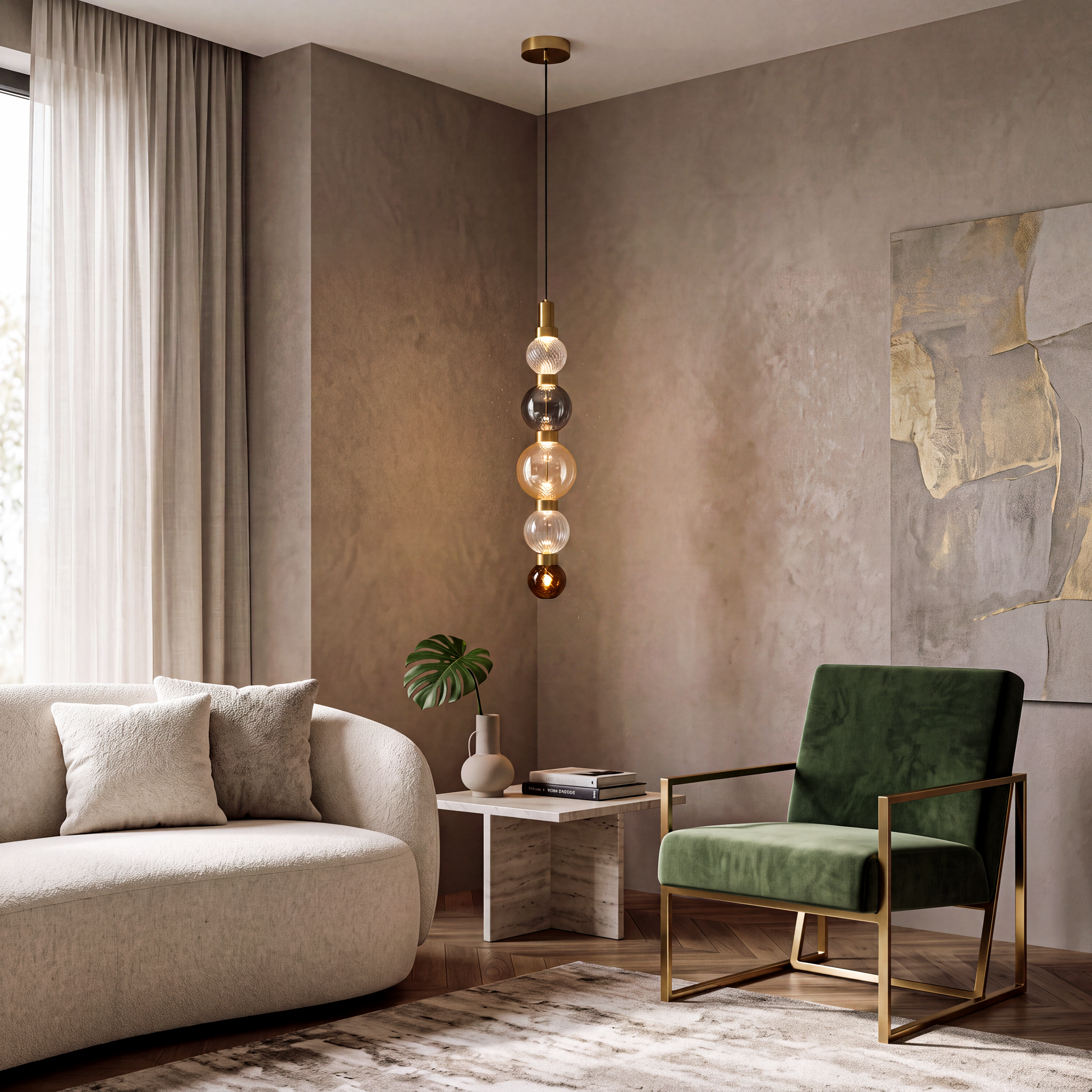Livspace Strand 5 5 Head Chandelier | Smoke/Amber/Clear + Brass