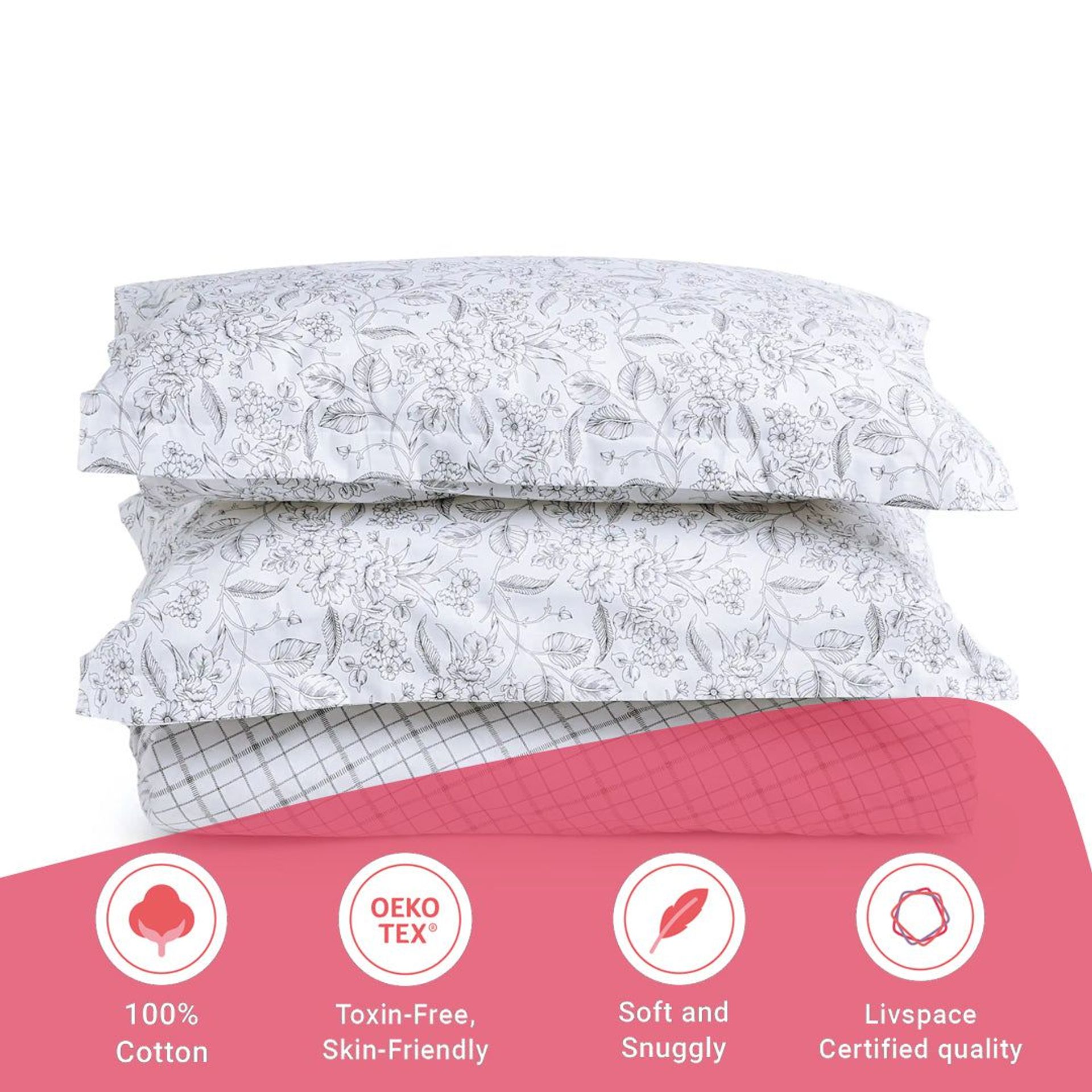 Floral Geometric 144 TC 100% Cotton Charcoal Checks Single Bedsheet Set | Mishella