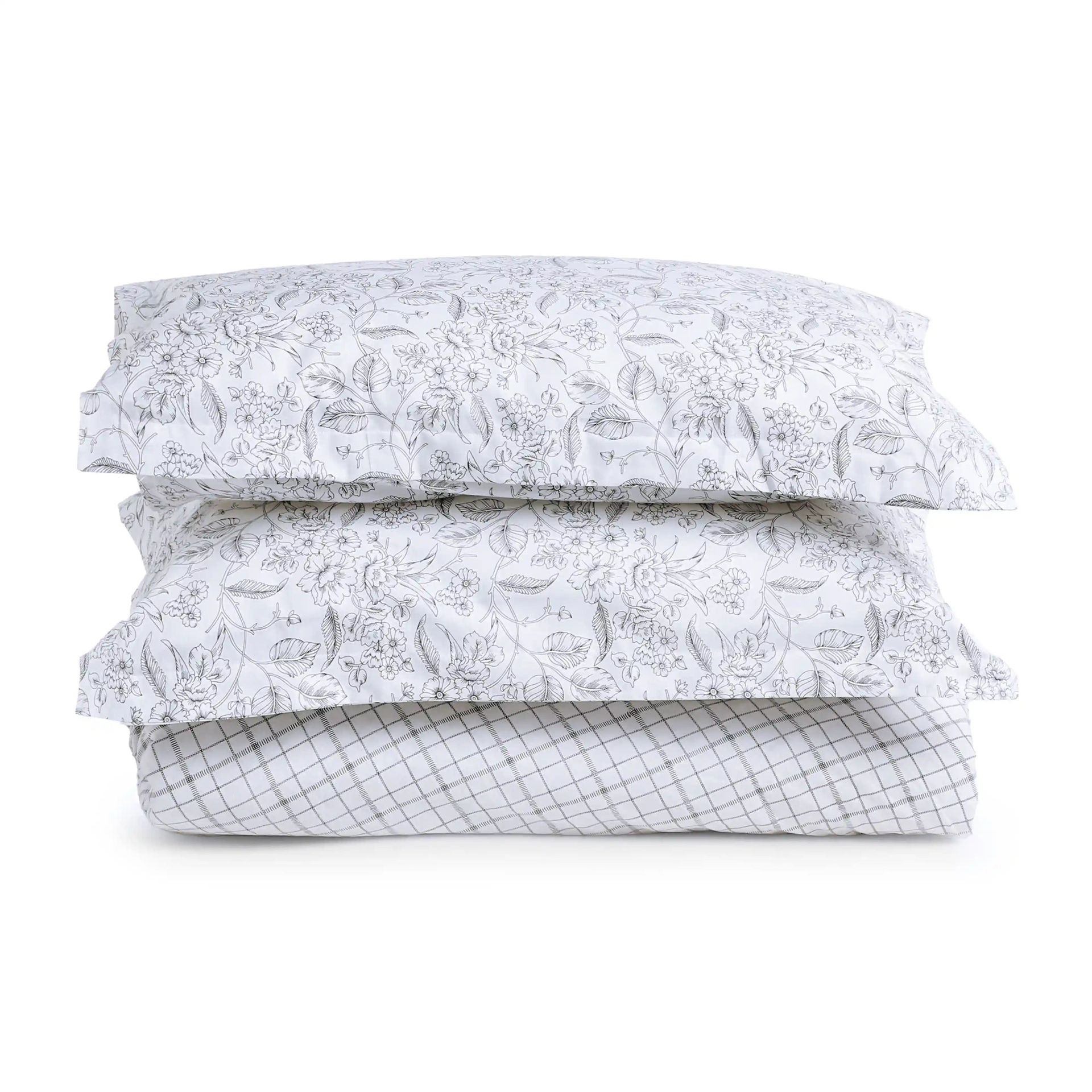 Floral Geometric 144 TC 100% Cotton Charcoal Checks Super King Bedsheet Set | Mishella