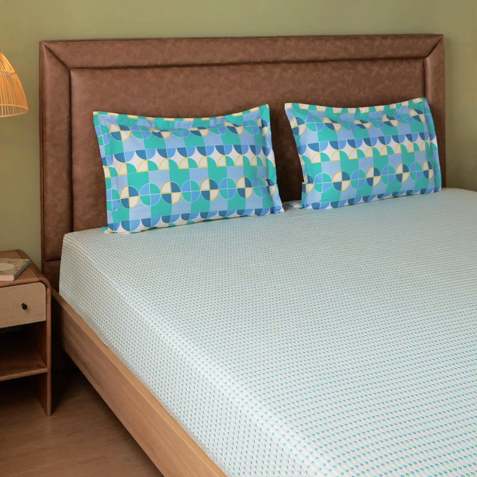 Geometric 144 TC 100% Cotton Kaleido Teal King Fitted Sheet Set | Mishella