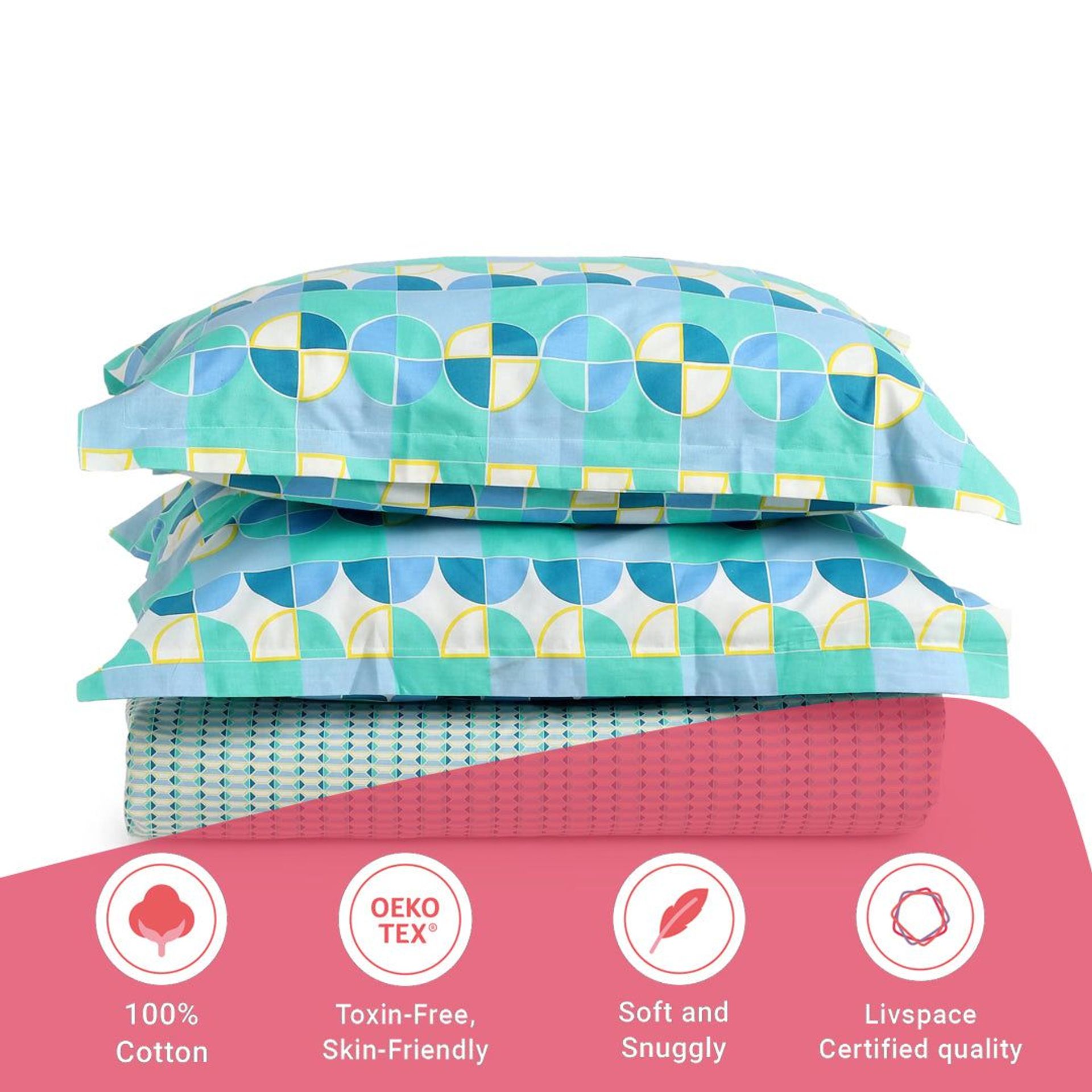 Geometric 144 TC 100% Cotton Kaleido Teal King Fitted Sheet Set | Mishella