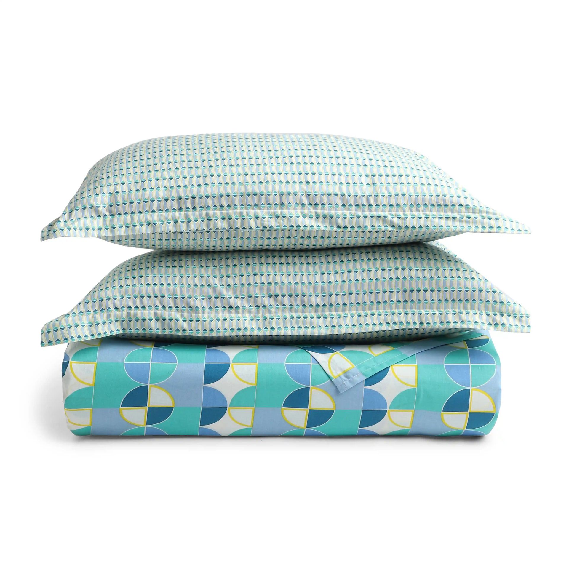Geometric 144 TC 100% Cotton Orbit Teal Double Bedsheet Set | Mishella