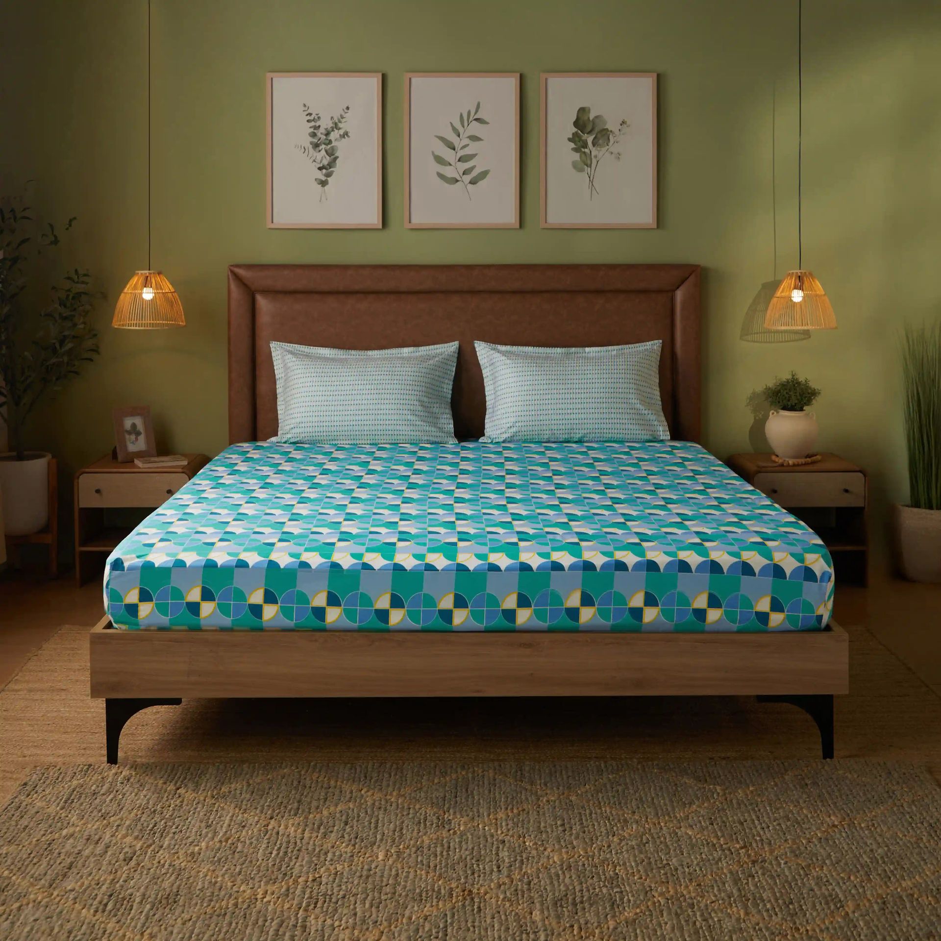 Geometric 144 TC 100% Cotton Orbit Teal Queen Fitted Sheet Set | Mishella