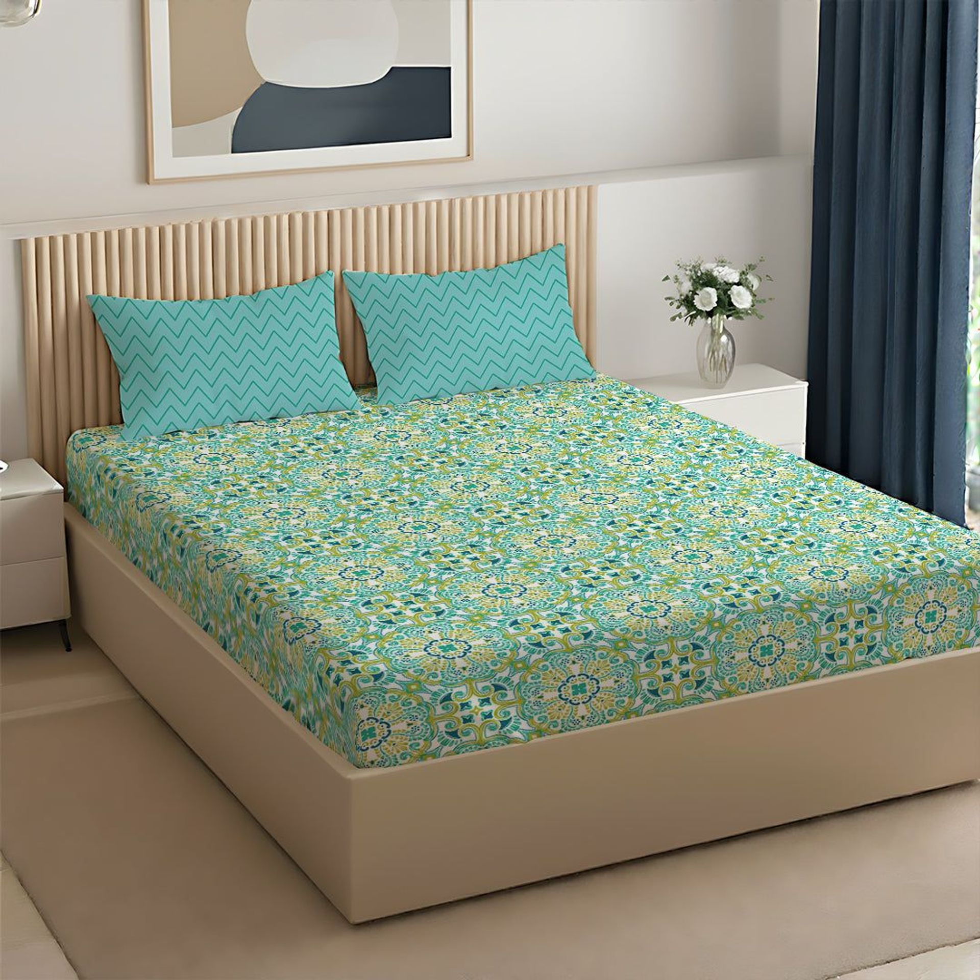 Ethnic 144 TC 100% Cotton Teal King Bedsheet Set | Pure Nest