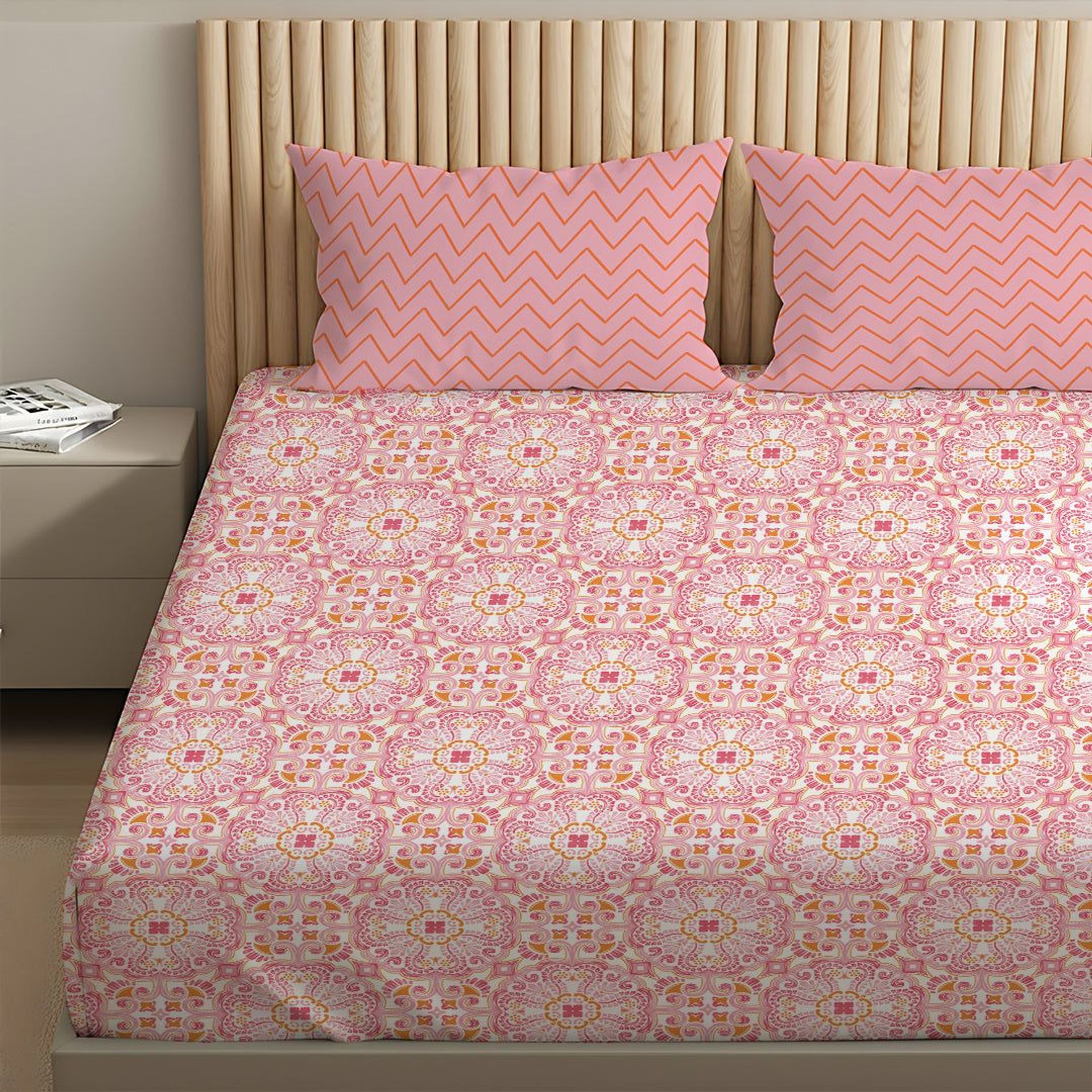 Ethnic 144 TC 100% Cotton Pink Queen Bedsheet Set | Pure Nest