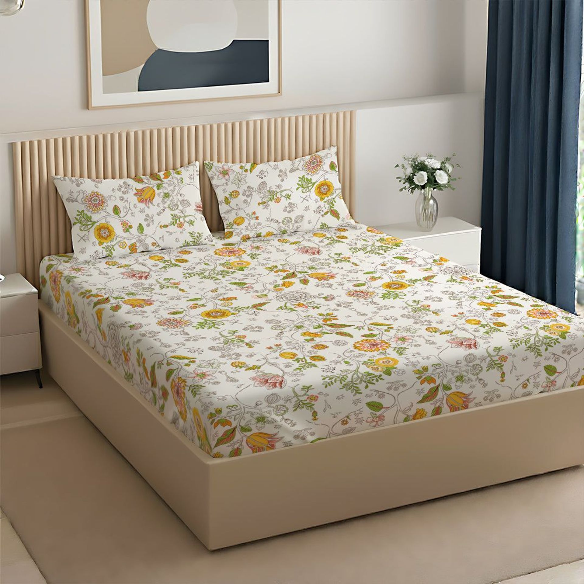 Floral 144 TC 100% Cotton Yellow King Bedsheet Set | Pure Nest