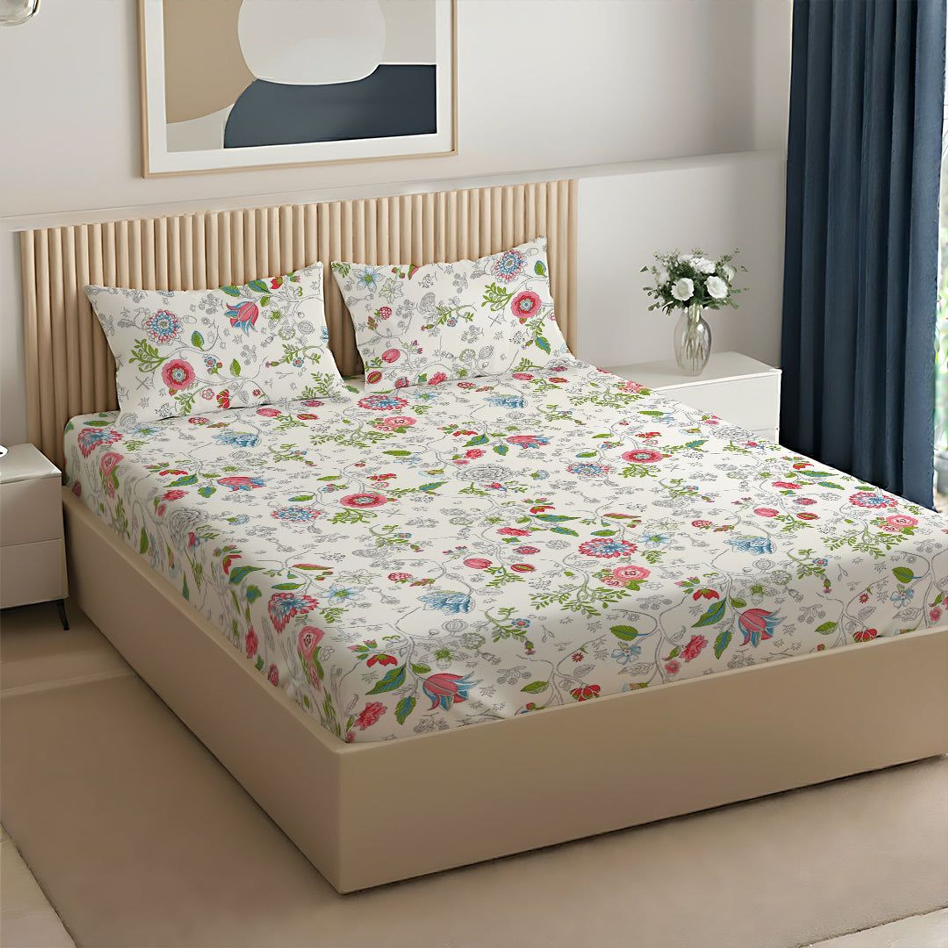 Floral 144 TC 100% Cotton Peach Queen Bedsheet Set | Pure Nest