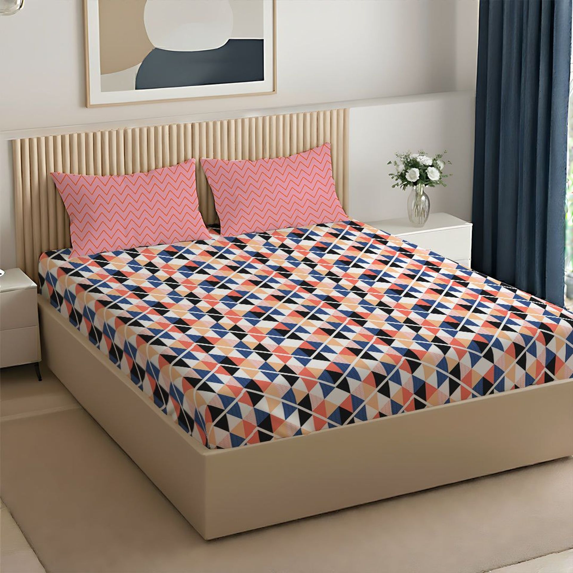 Geometric 144 TC 100% Cotton Pink Blue King Bedsheet Set | Pure Nest