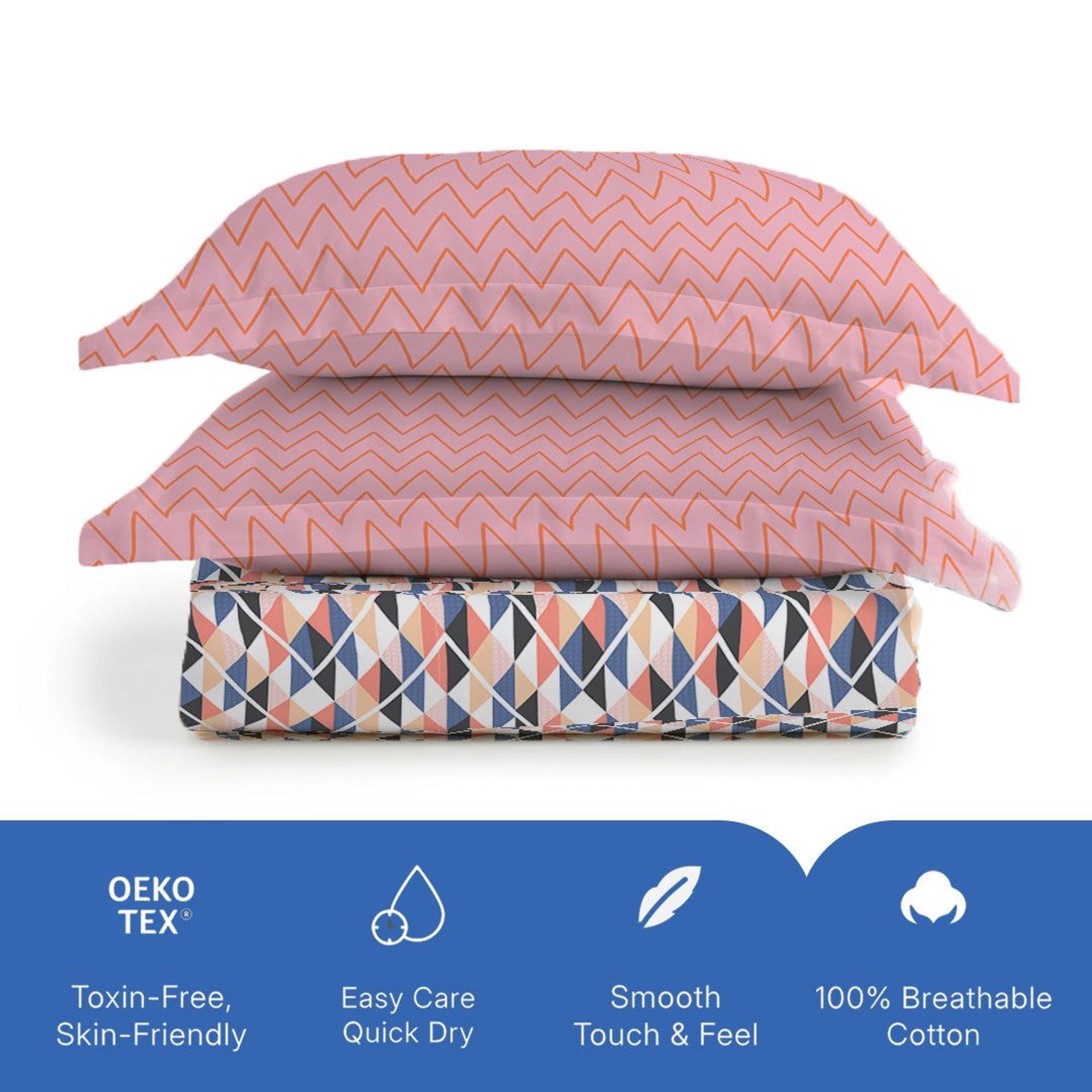 Geometric 144 TC 100% Cotton Pink Blue King Bedsheet Set | Pure Nest