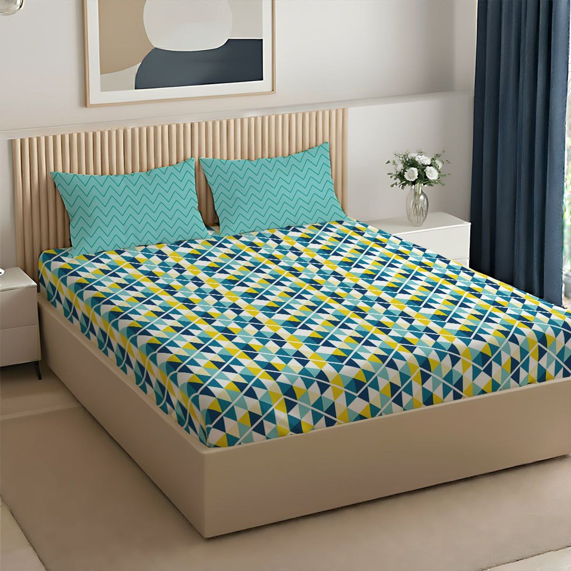 Geometric 144 TC 100% Cotton Tasello Teal King Bedsheet Set | Pure Nest