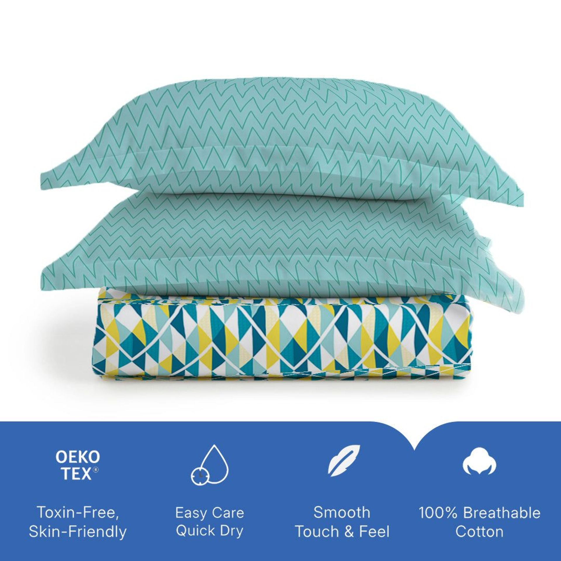 Geometric 144 TC 100% Cotton Tasello Teal King Bedsheet Set | Pure Nest
