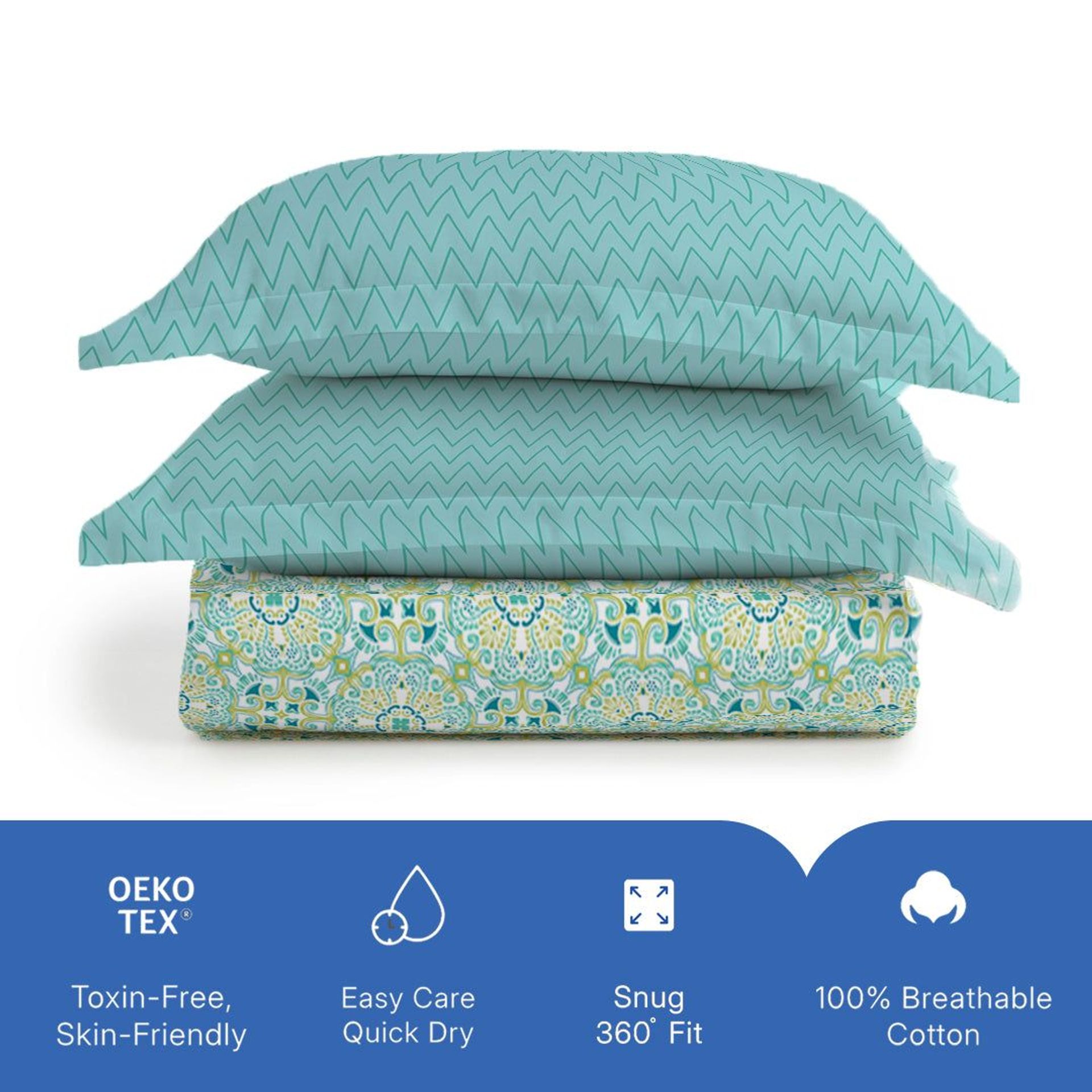 Ethnic 144 TC 100% Cotton Teal Queen Fitted Sheet Set | Pure Nest