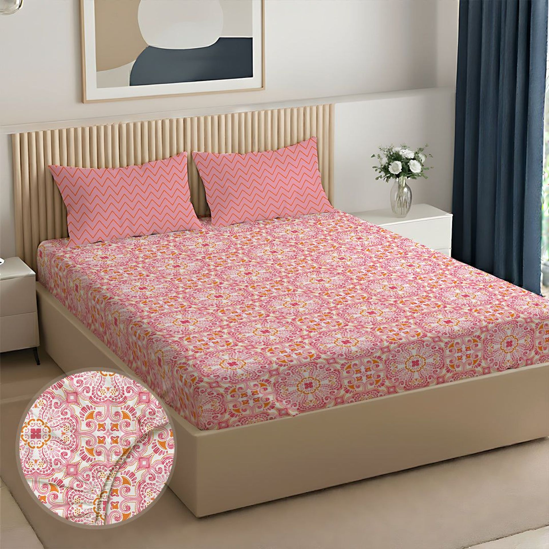 Ethnic 144 TC 100% Cotton Pink King Fitted Sheet Set | Pure Nest