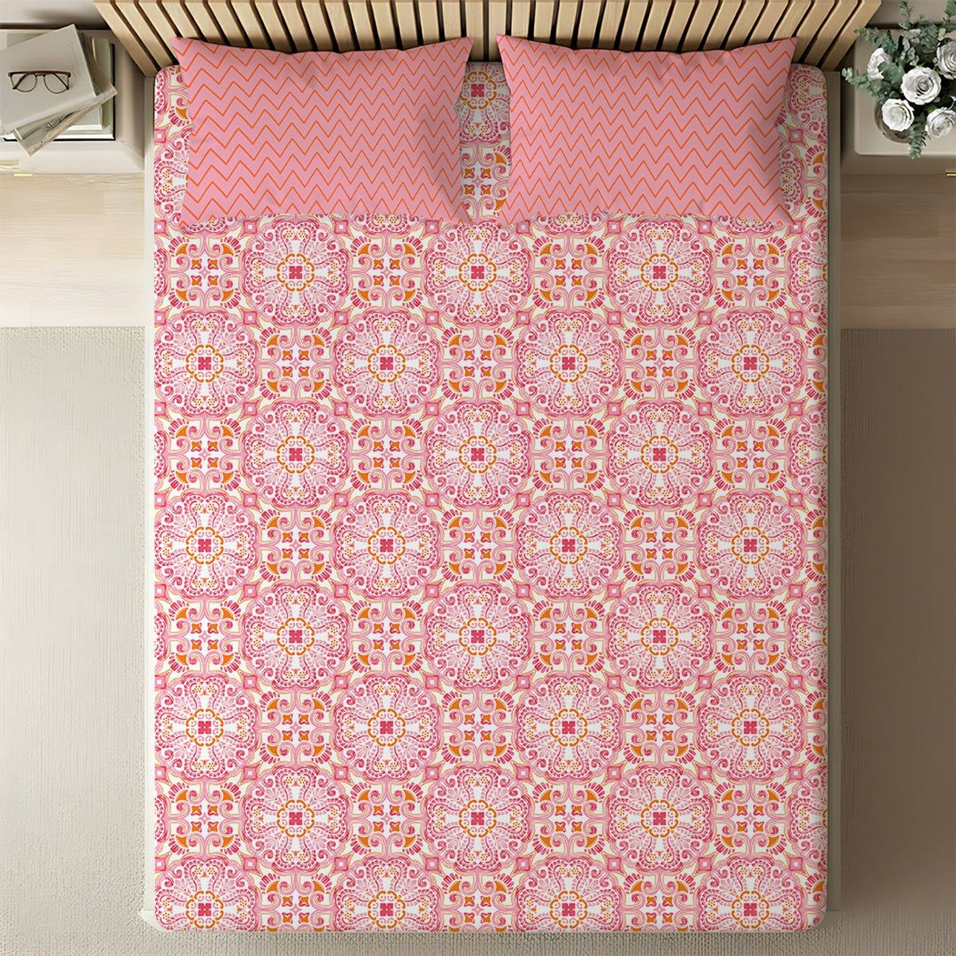 Ethnic 144 TC 100% Cotton Pink Queen Fitted Sheet Set | Pure Nest