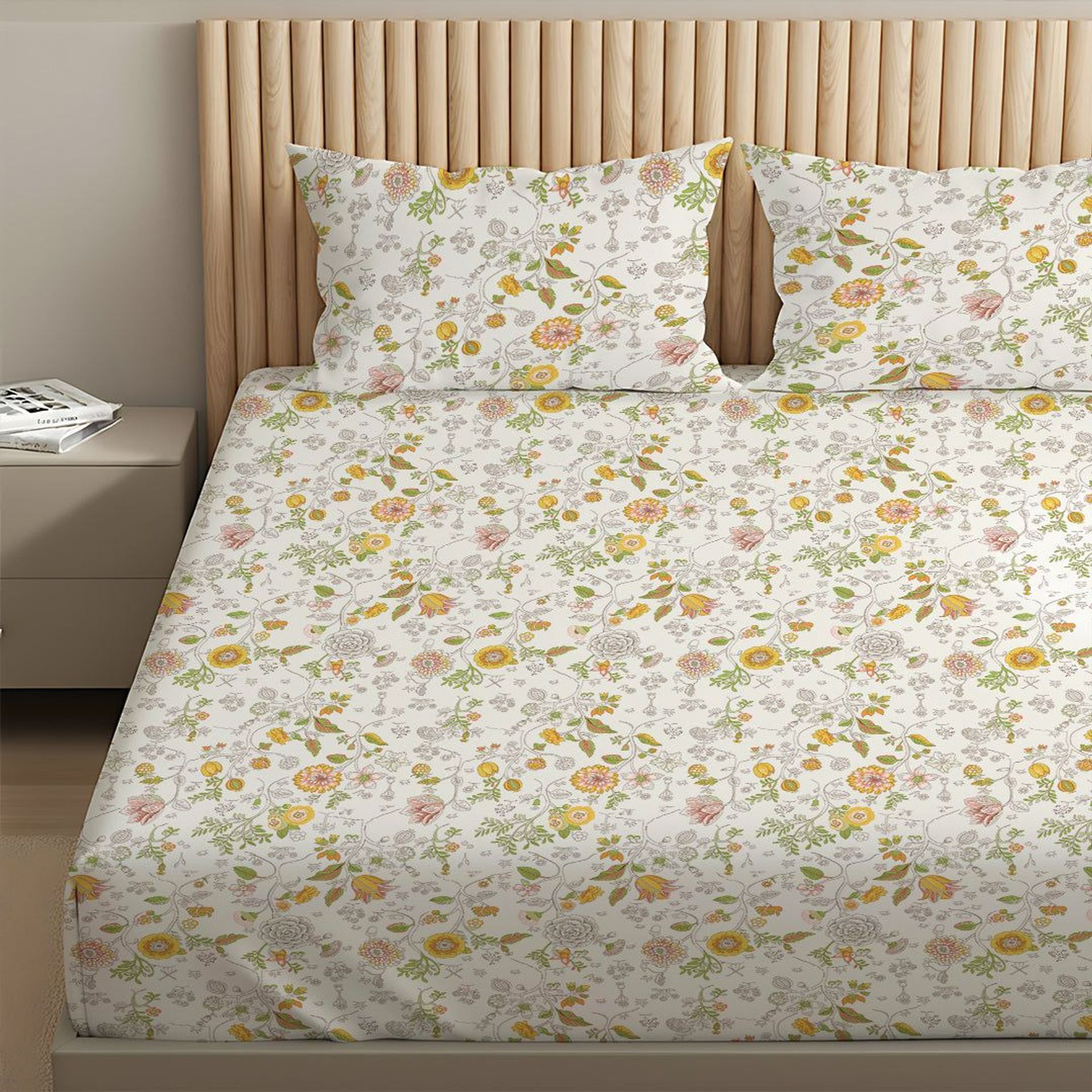 Floral 144 TC 100% Cotton Yellow King Fitted Sheet Set | Pure Nest