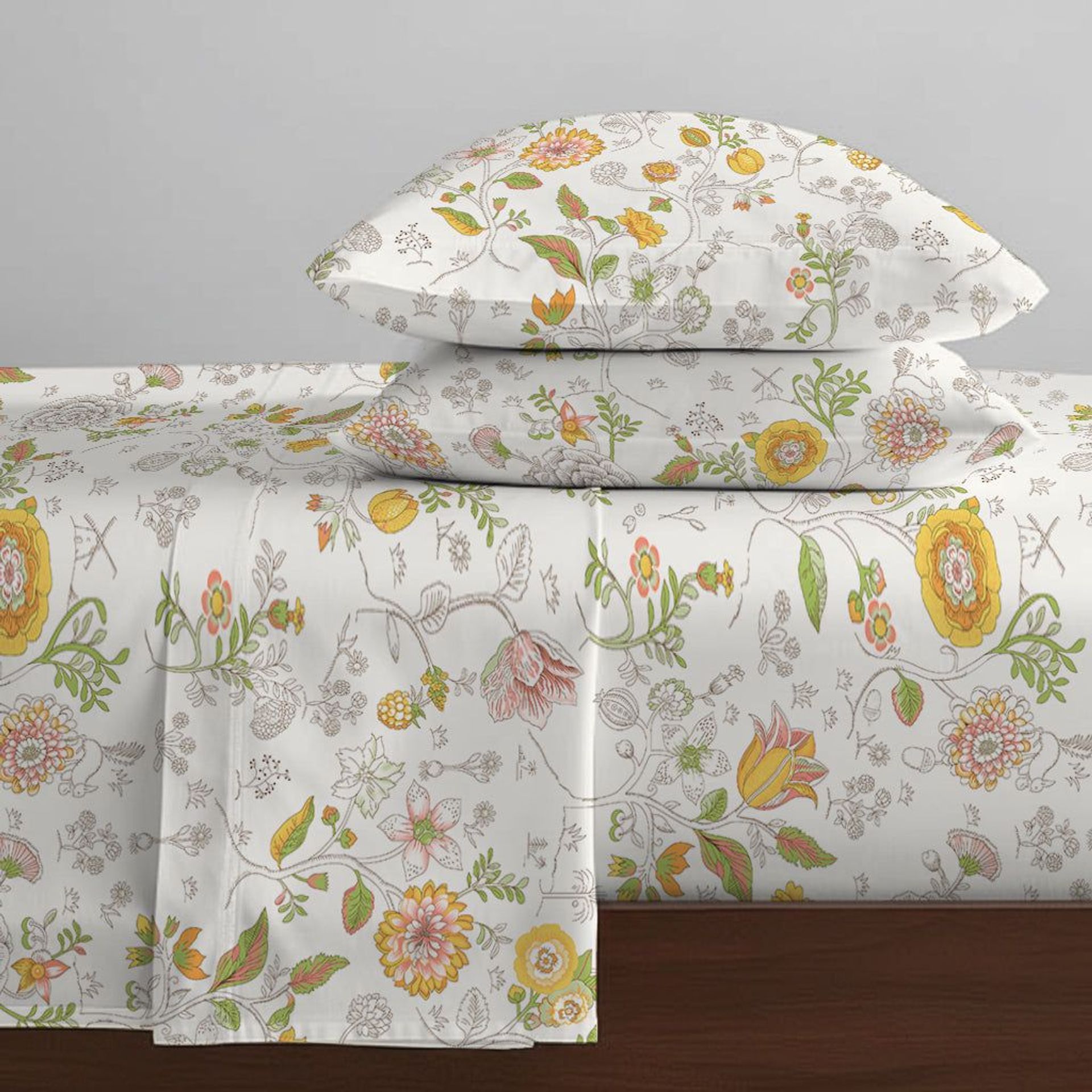 Floral 144 TC 100% Cotton Yellow King Fitted Sheet Set | Pure Nest
