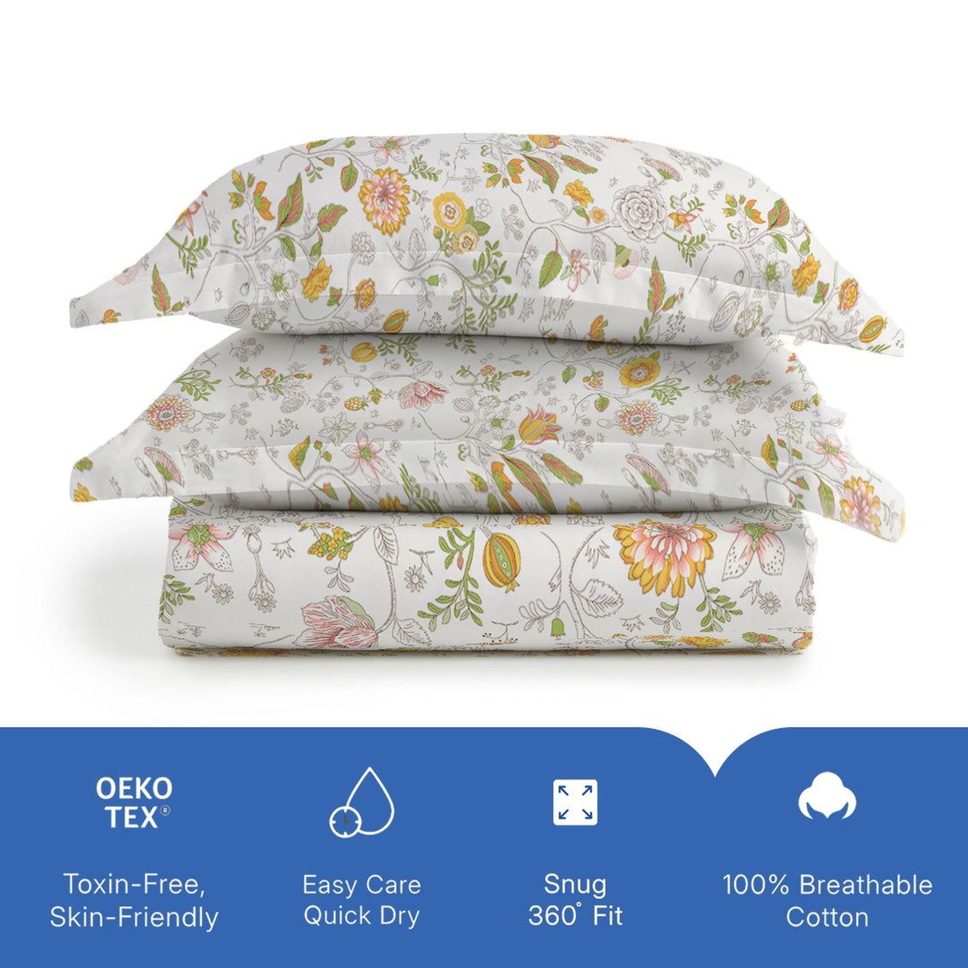 Floral 144 TC 100% Cotton Yellow King Fitted Sheet Set | Pure Nest