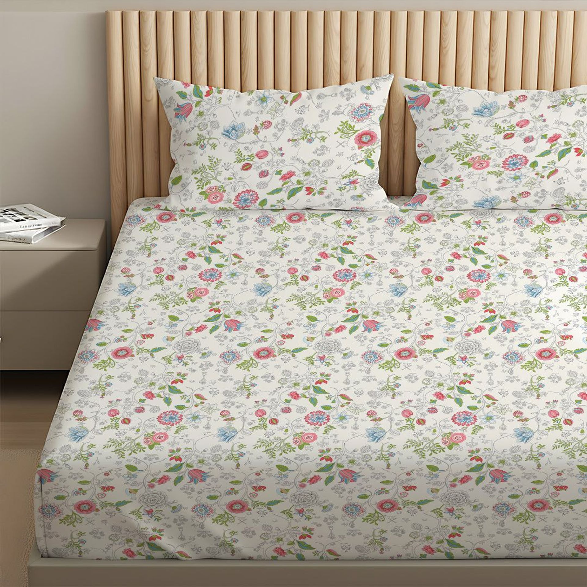 Floral 144 TC 100% Cotton Peach Queen Fitted Sheet Set | Pure Nest