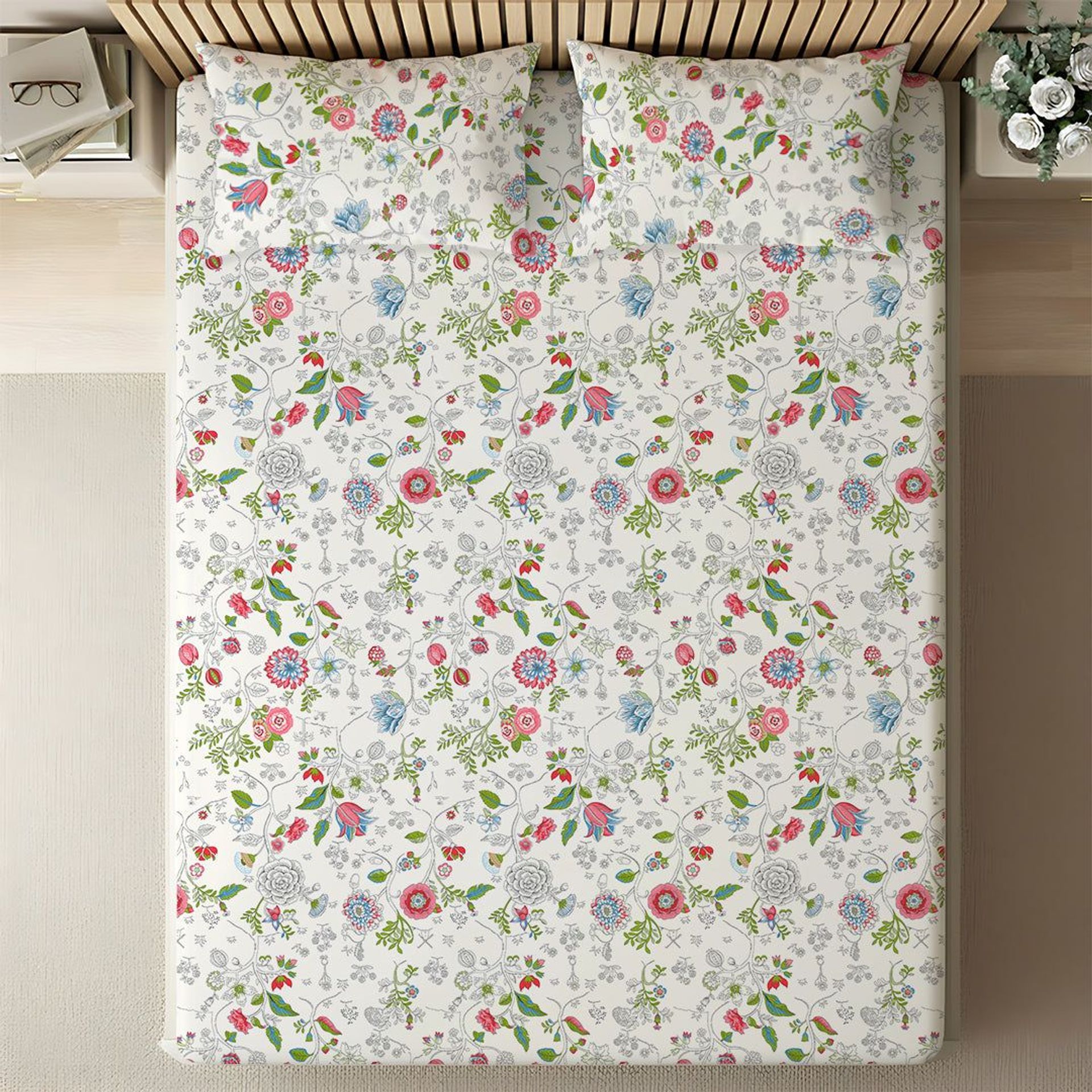 Floral 144 TC 100% Cotton Peach Queen Fitted Sheet Set | Pure Nest