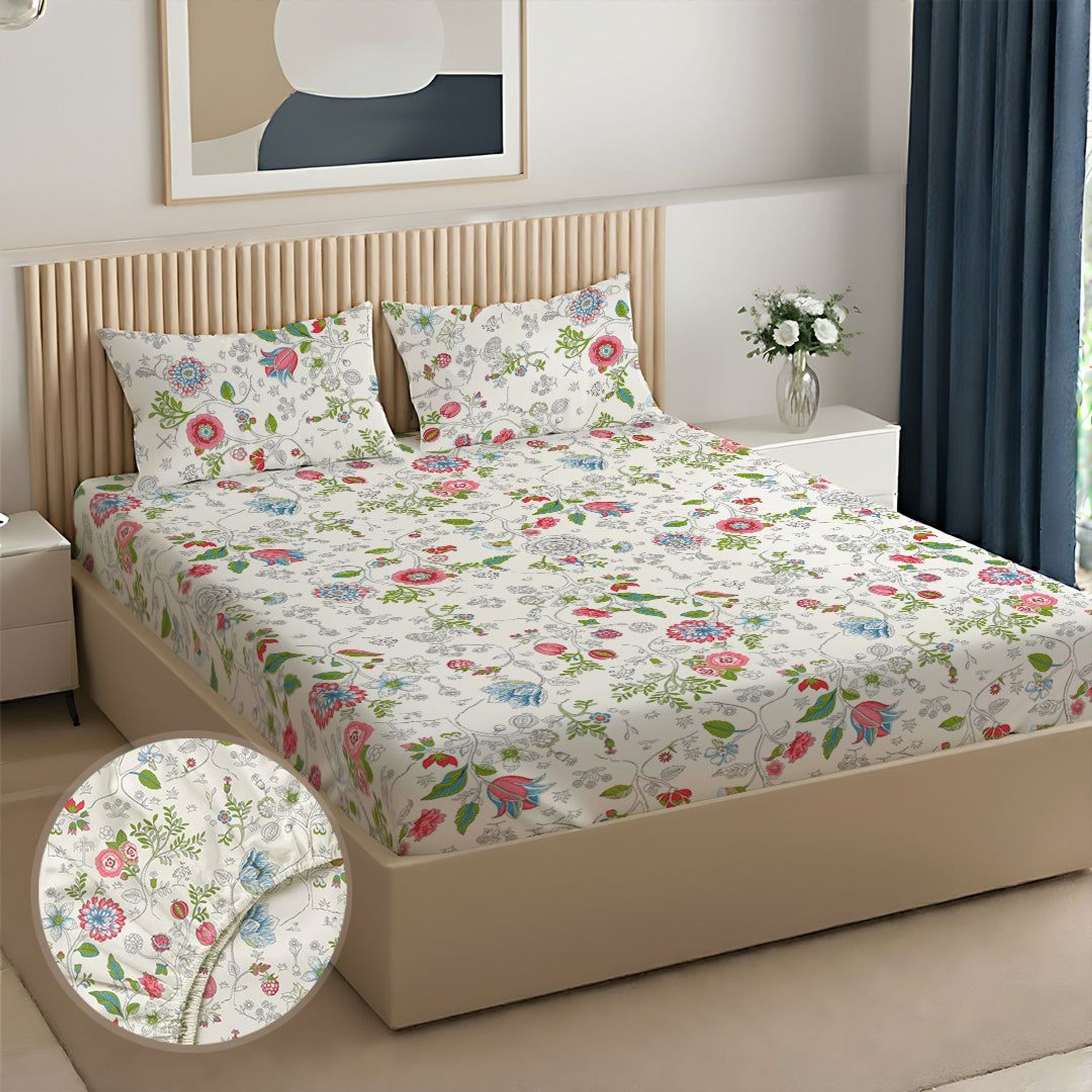 Floral 144 TC 100% Cotton Peach Queen Fitted Sheet Set | Pure Nest