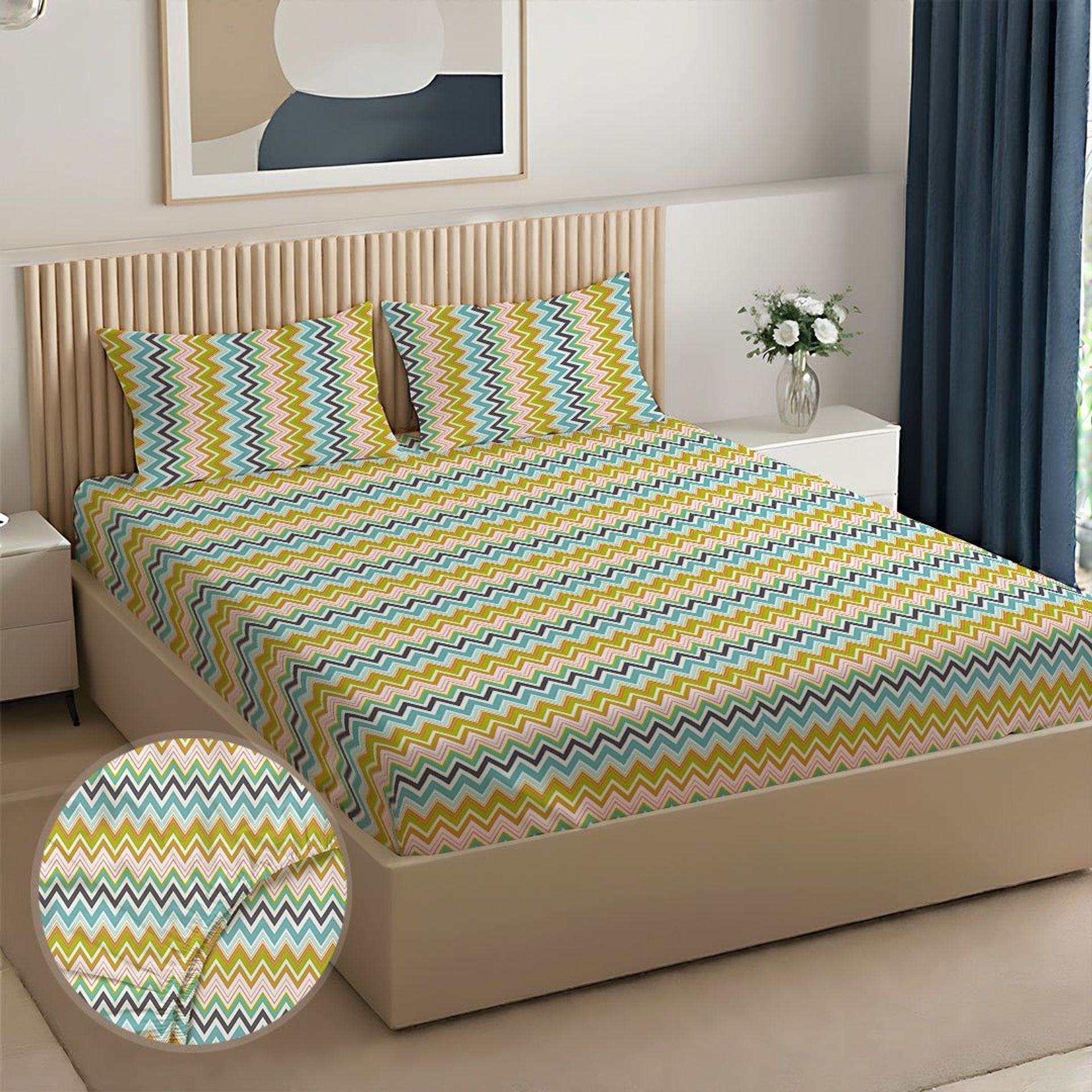 Geometric 144 TC 100% Cotton Orange Queen Fitted Sheet Set | Pure Nest