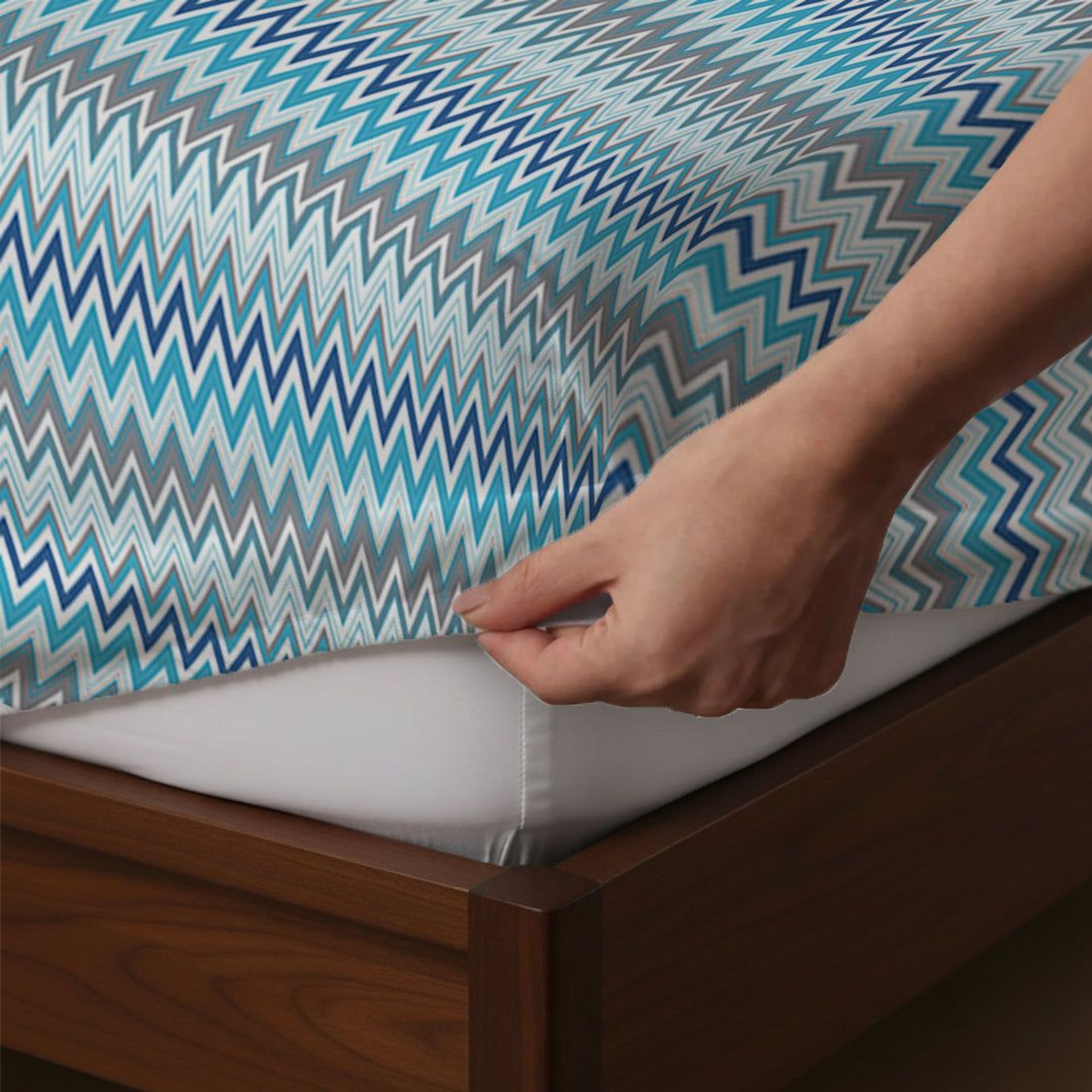 Geometric 144 TC 100% Cotton Blue Queen Fitted Sheet Set | Pure Nest
