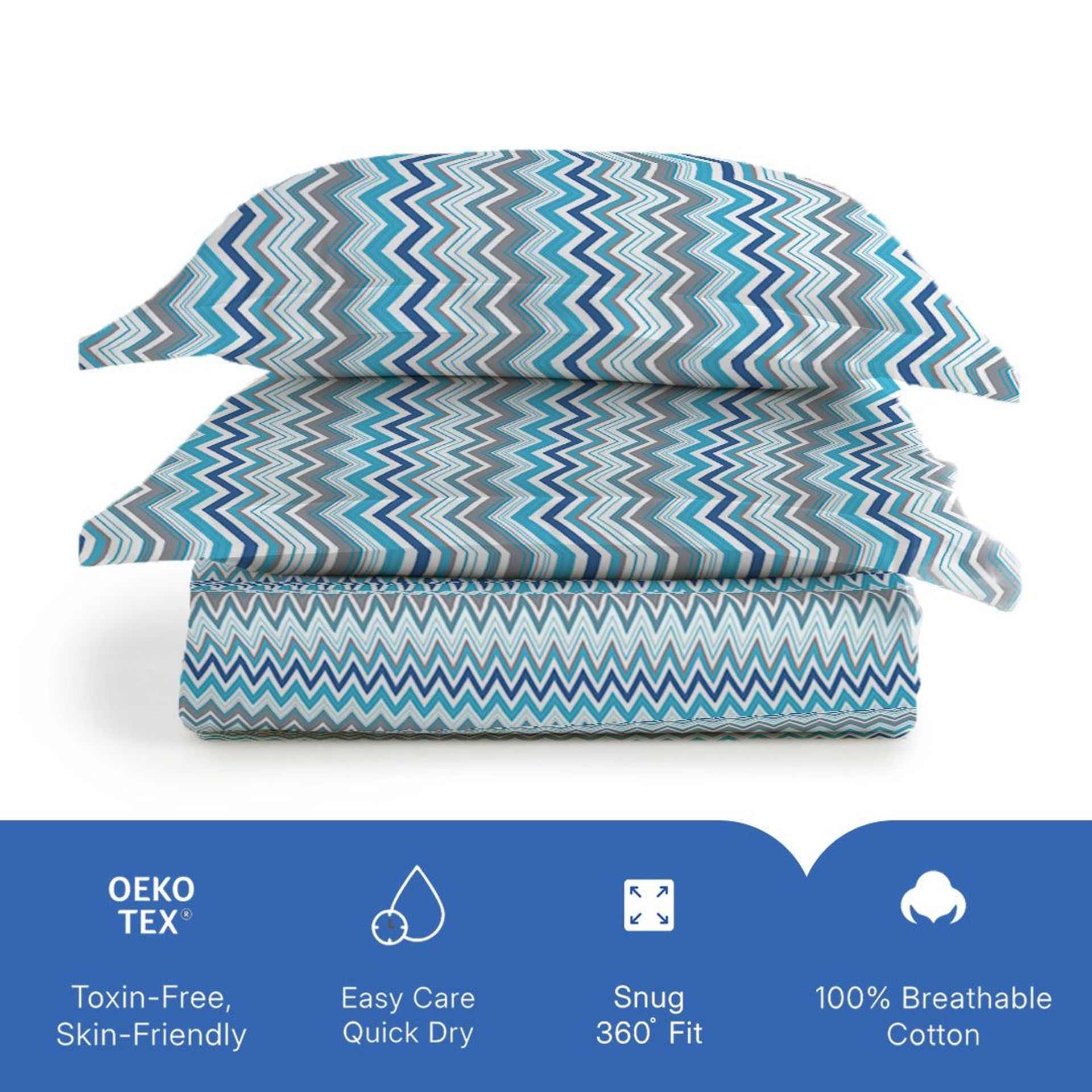 Geometric 144 TC 100% Cotton Blue Queen Fitted Sheet Set | Pure Nest