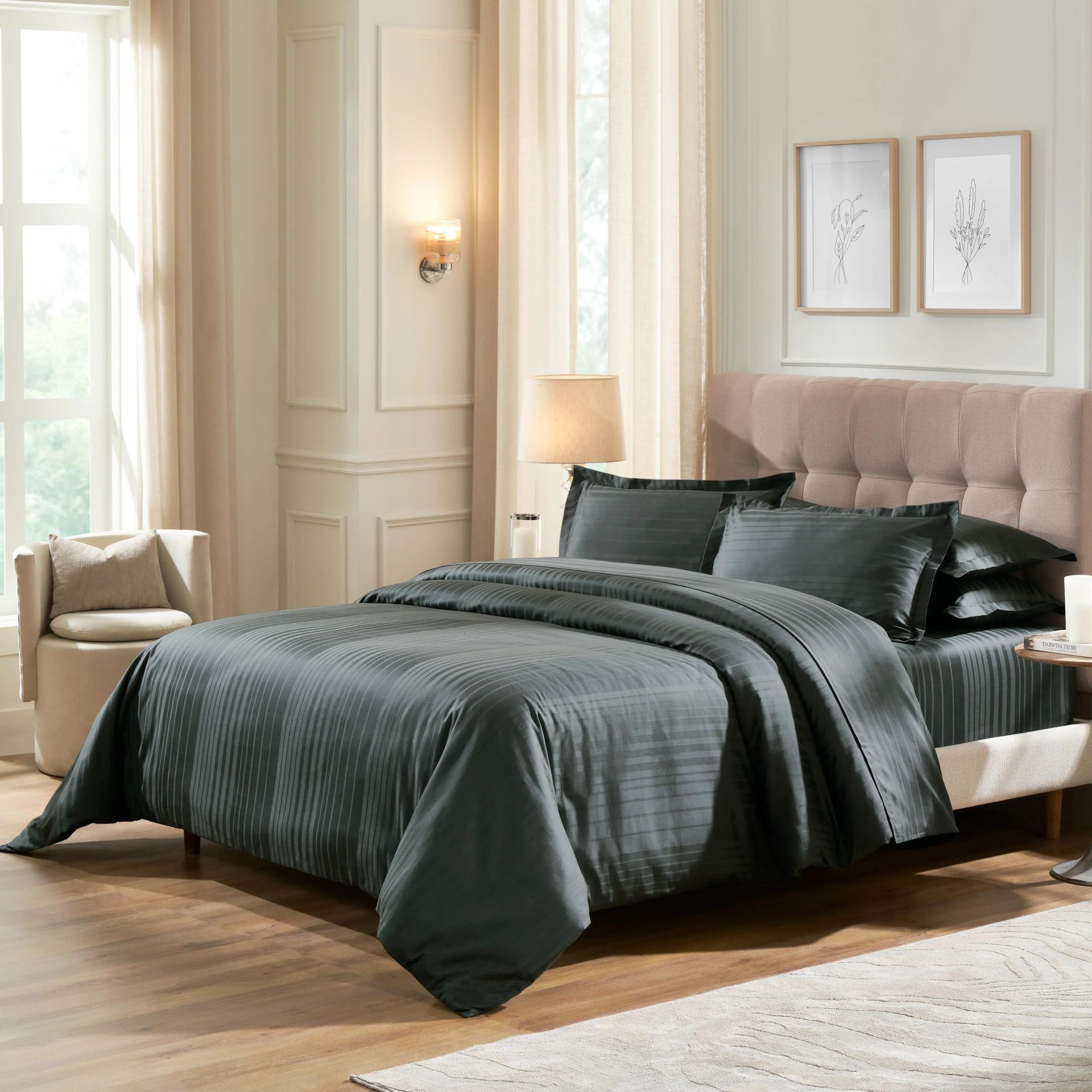 Solid Dyed 400 TC 100% Cotton Dark Grey King Fitted Sheet Set | Seraya
