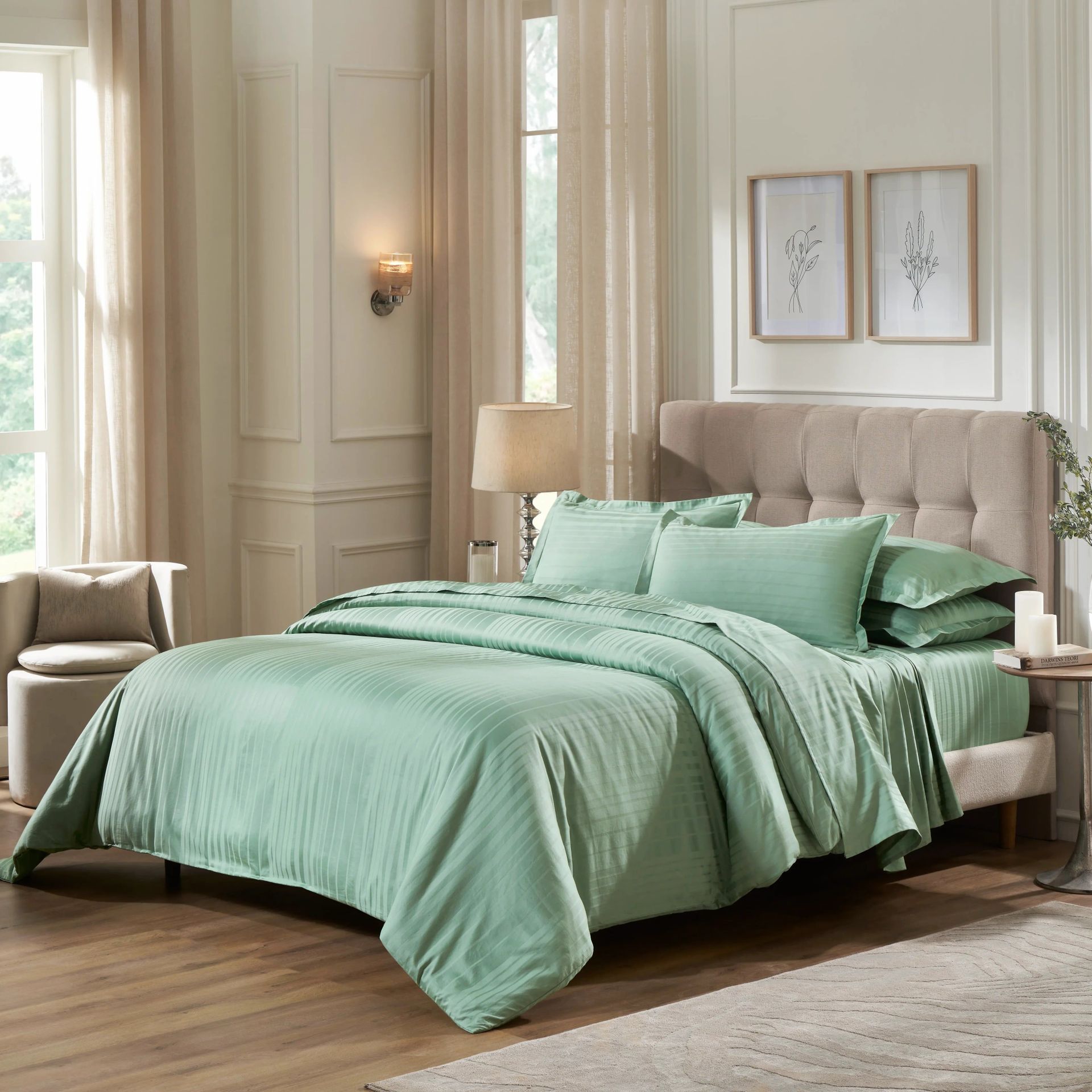 Solid Dyed 400 TC 100% Cotton Green Sage King Fitted Sheet Set | Seraya