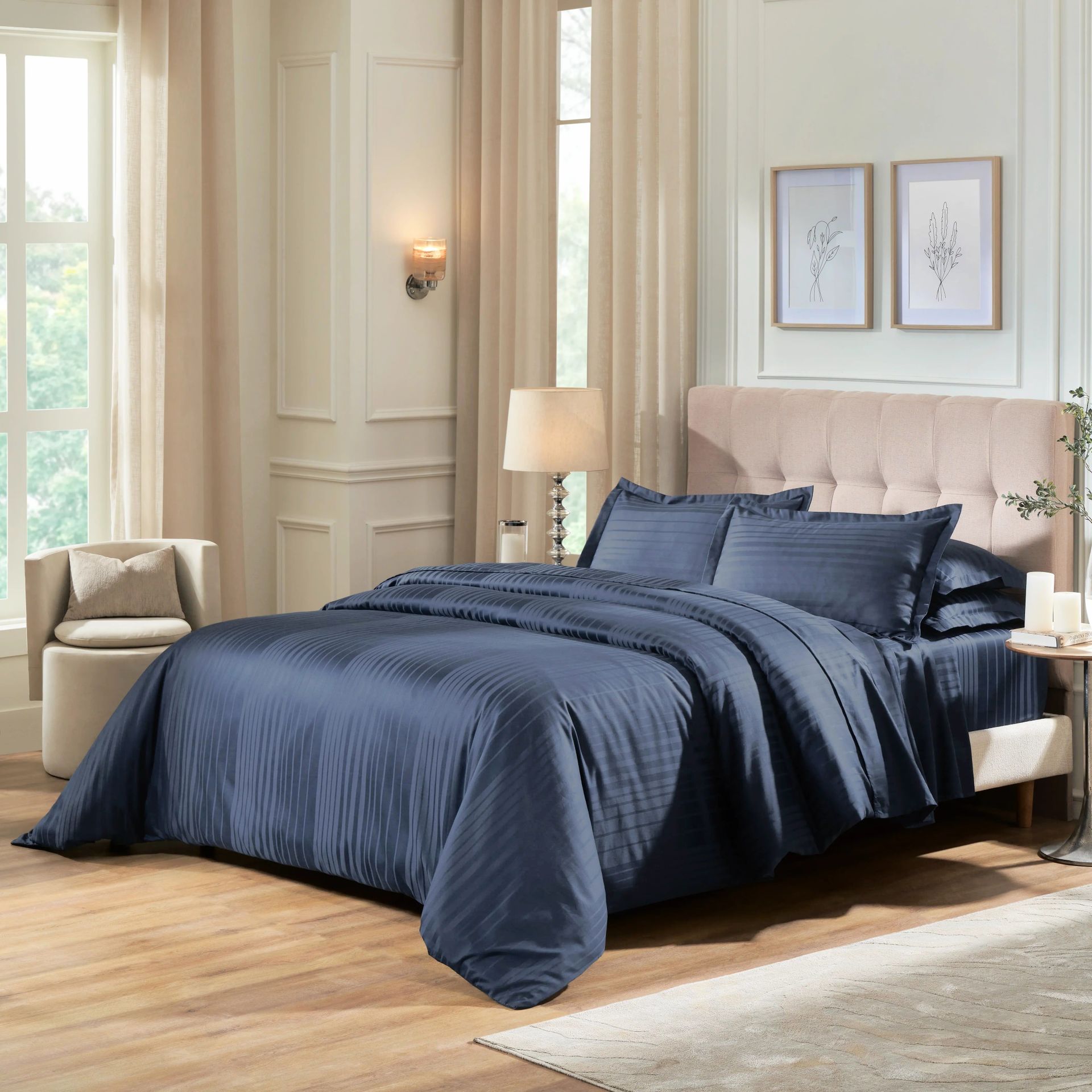 Solid Dyed 400 TC 100% Cotton Navy King Fitted Sheet Set | Seraya