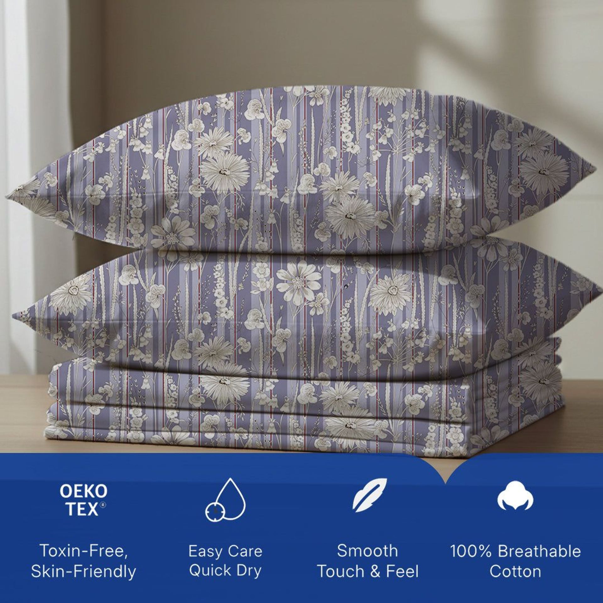 Floral 120 GSM Microfibre Blue Grey Queen Bedsheet Set | Serene Nest