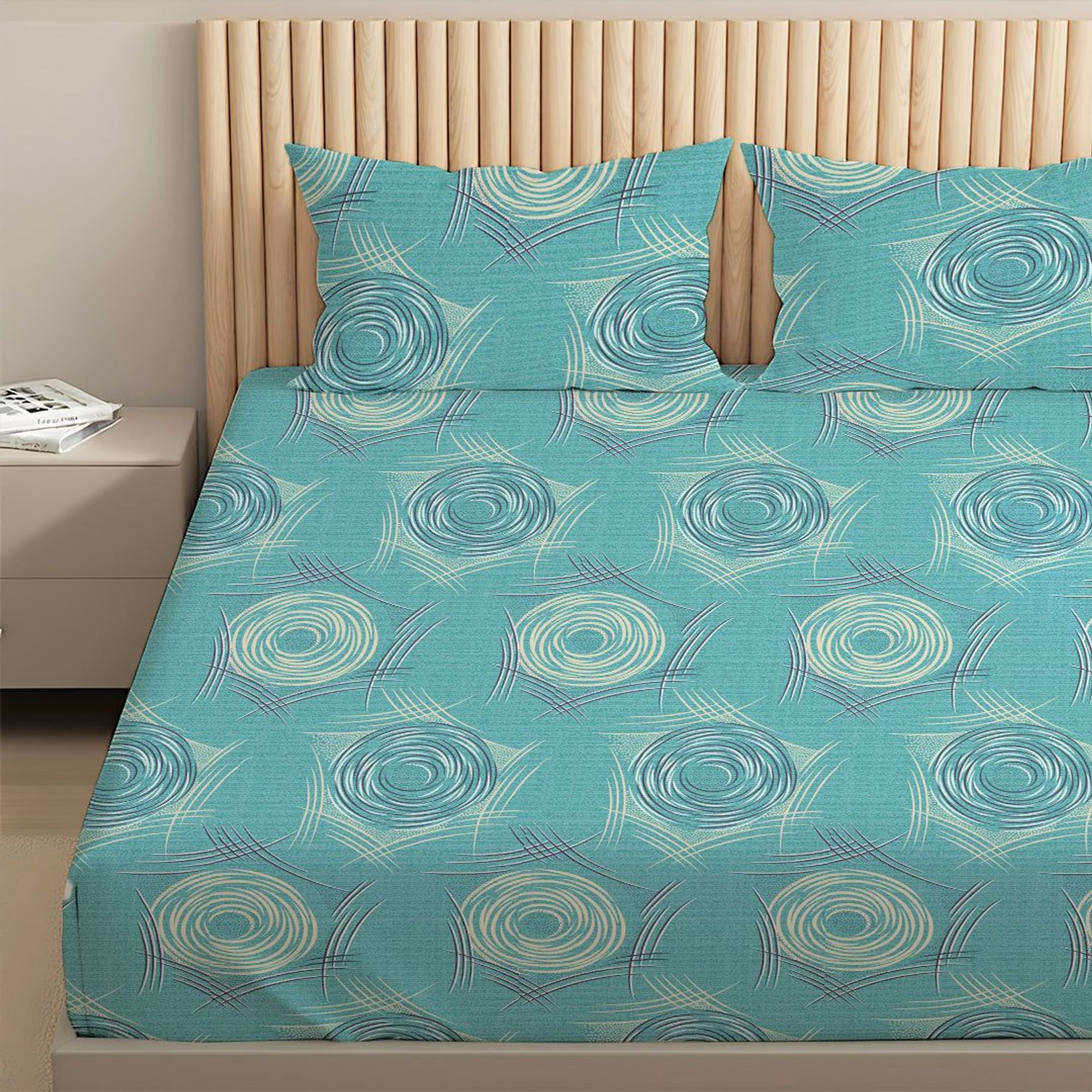 Geometric 120 GSM Microfibre Teal Queen Bedsheet Set | Serene Nest