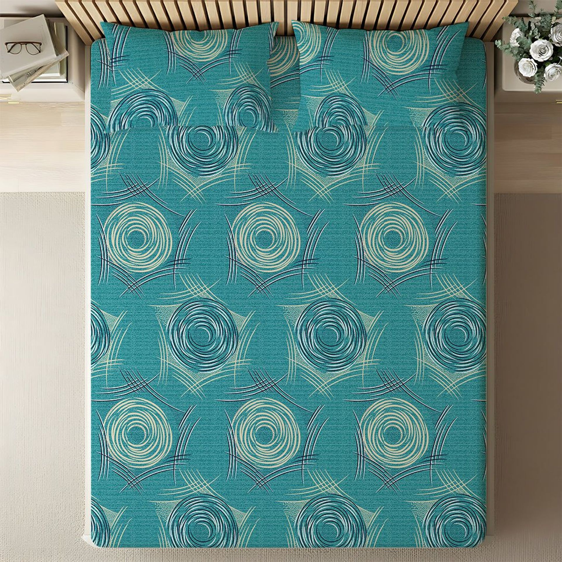 Geometric 120 GSM Microfibre Teal Queen Bedsheet Set | Serene Nest