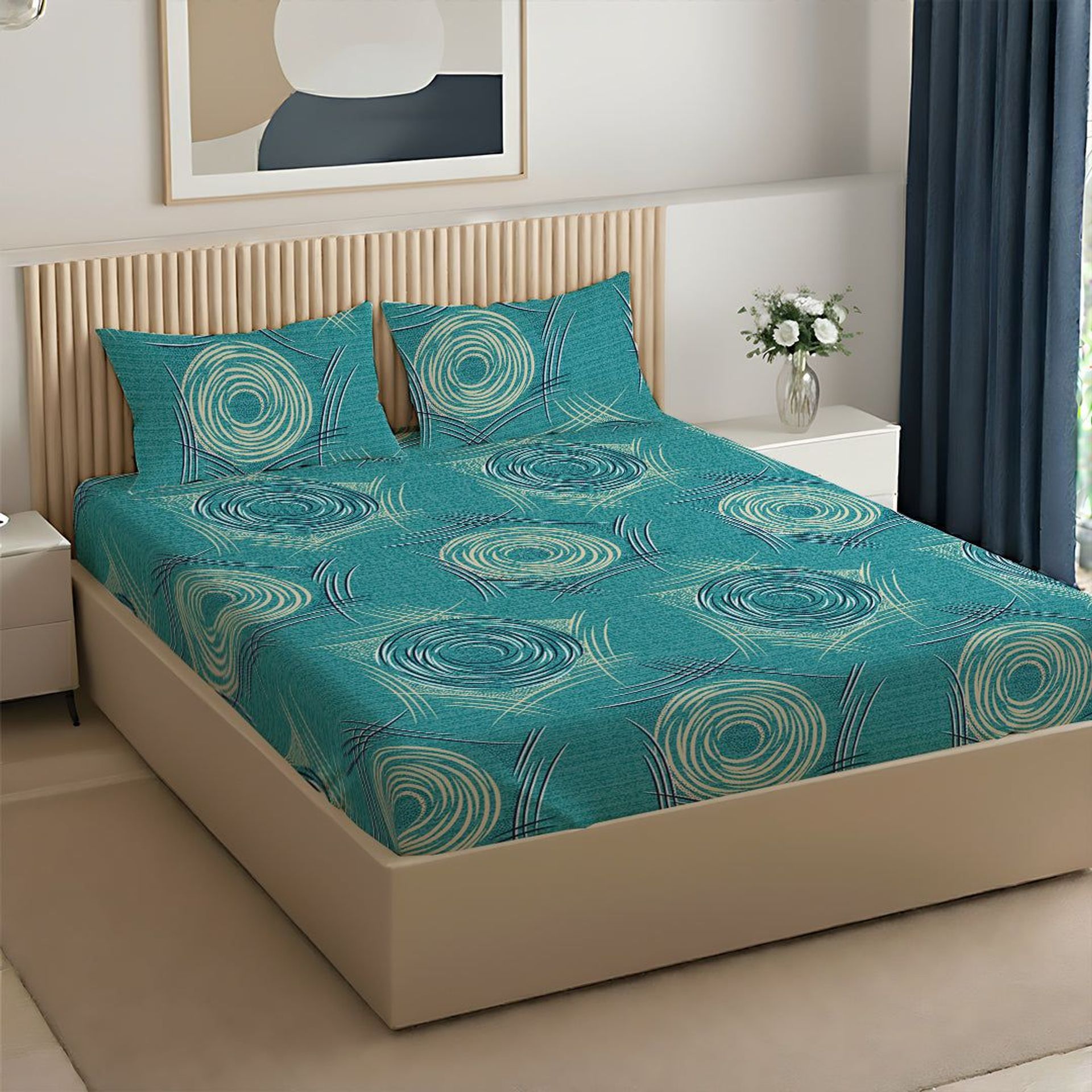 Geometric 120 GSM Microfibre Teal King Bedsheet Set | Serene Nest