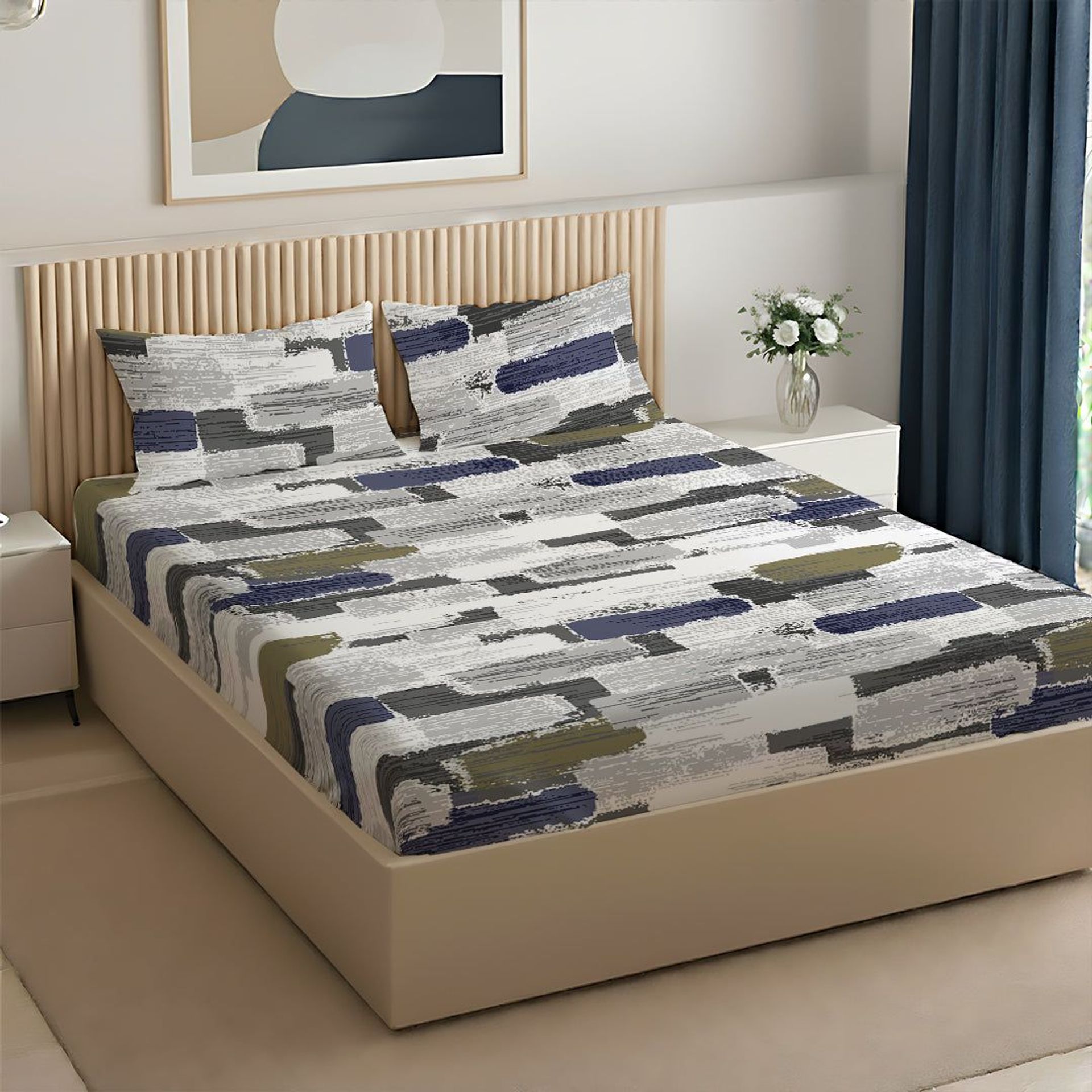 Geometric 120 GSM Microfibre Blue Olive King Bedsheet Set | Serene Nest