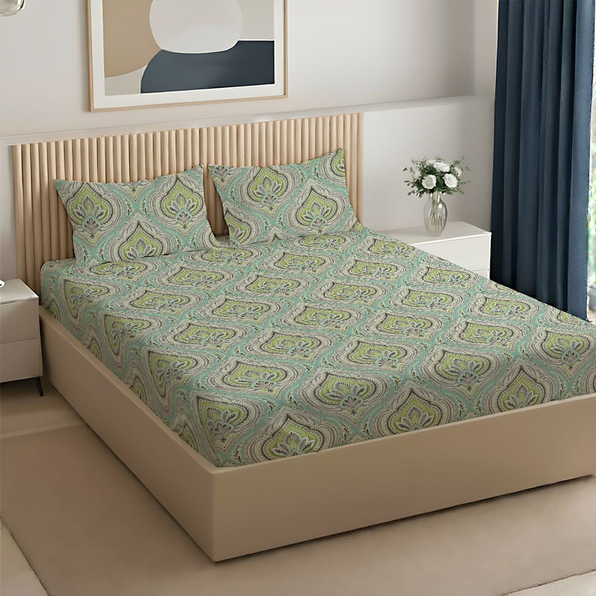 Indian Heritage 120 GSM Microfibre Muted Green Queen Bedsheet Set | Serene Nest