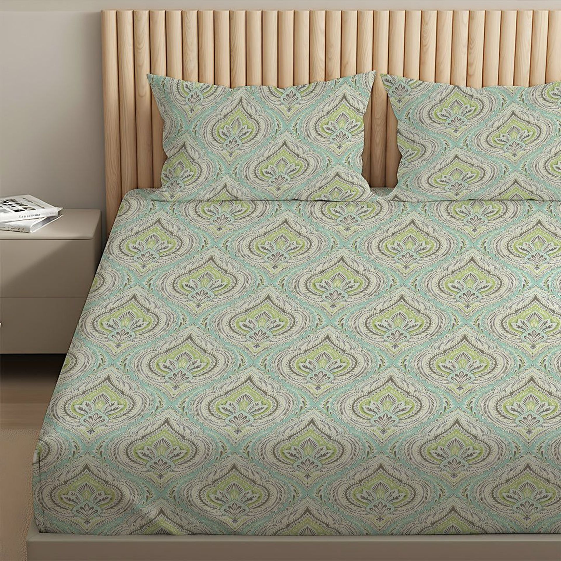 Indian Heritage 120 GSM Microfibre Muted Green King Bedsheet Set | Serene Nest
