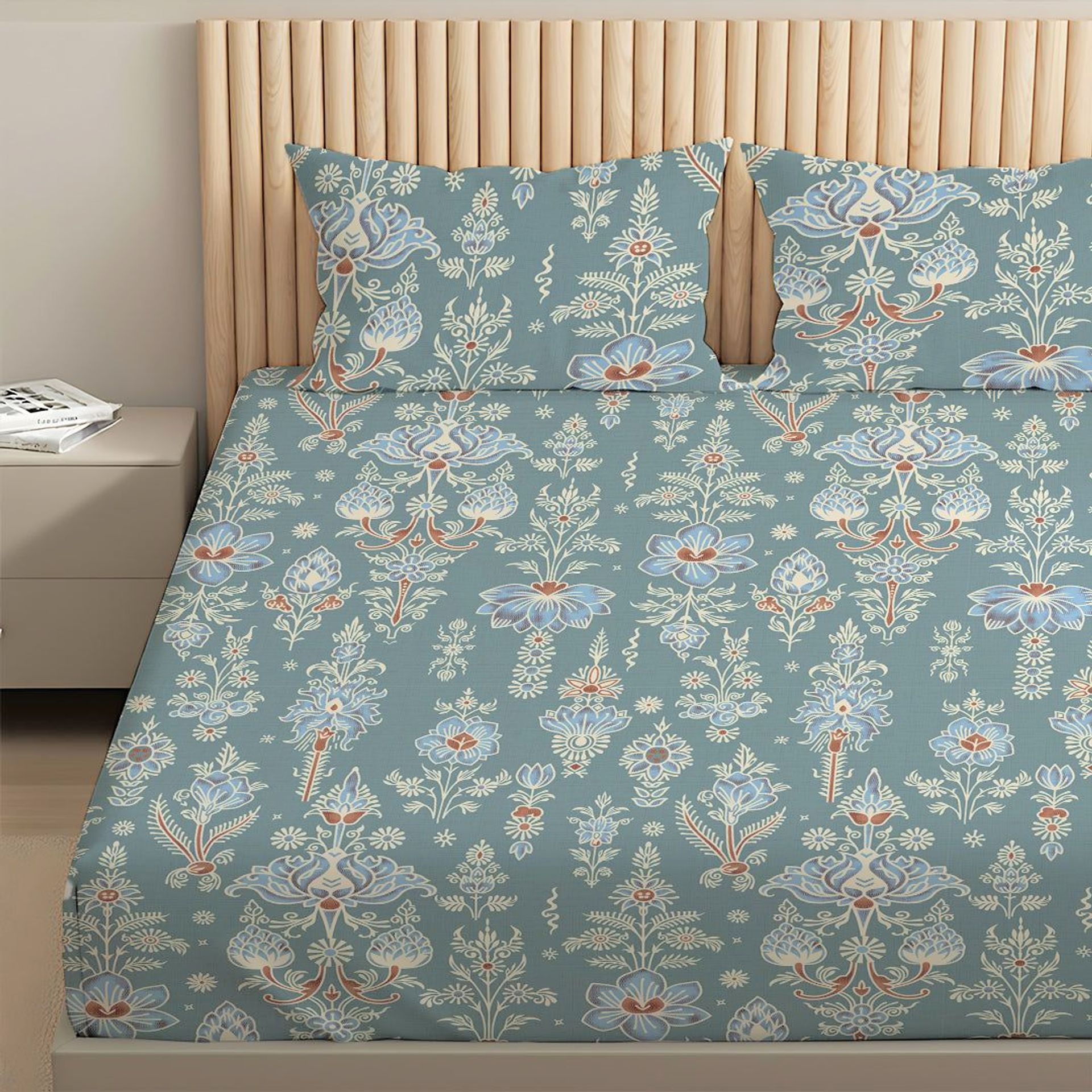 Indian Heritage 120 GSM Microfibre Blue Queen Bedsheet Set | Serene Nest