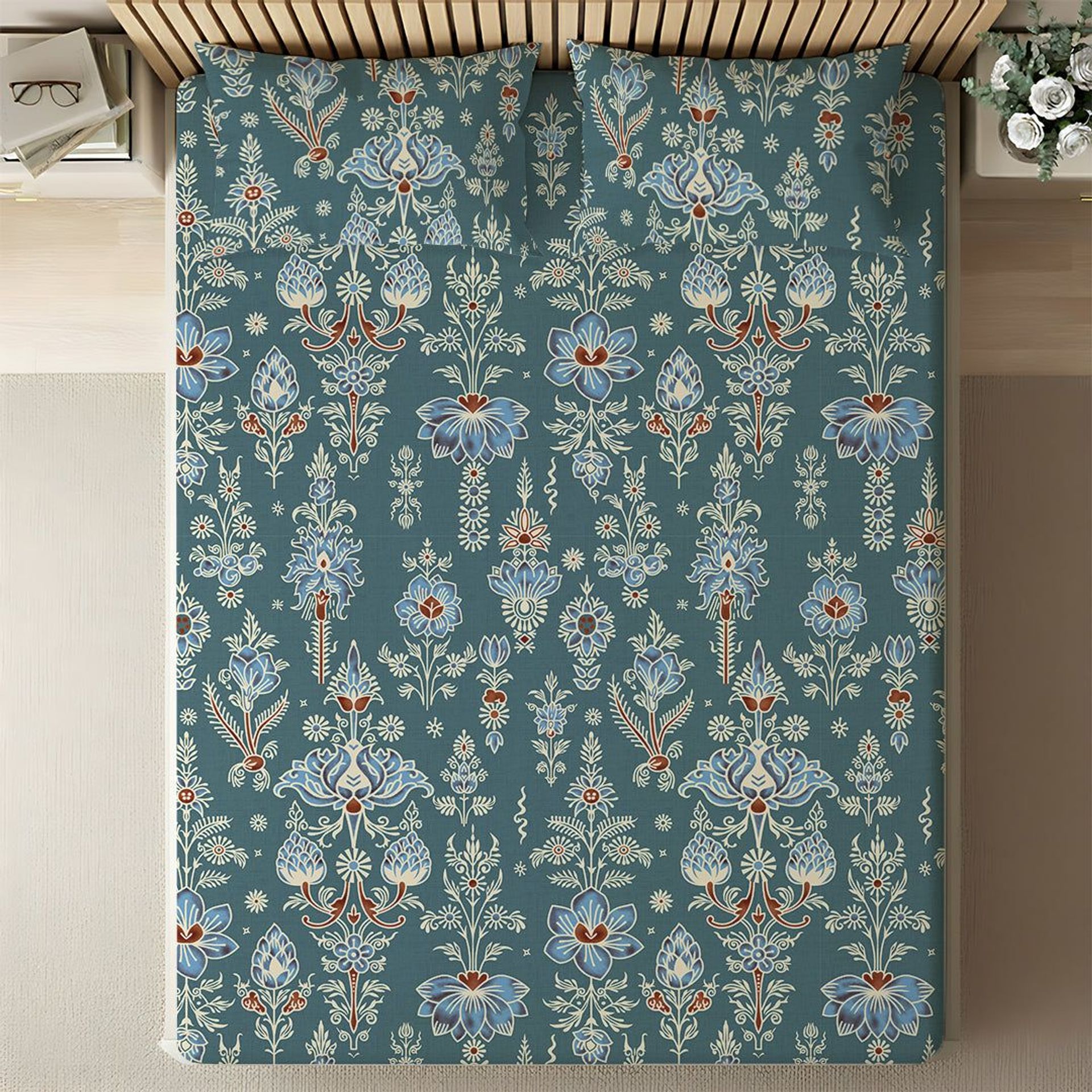 Indian Heritage 120 GSM Microfibre Blue Queen Bedsheet Set | Serene Nest