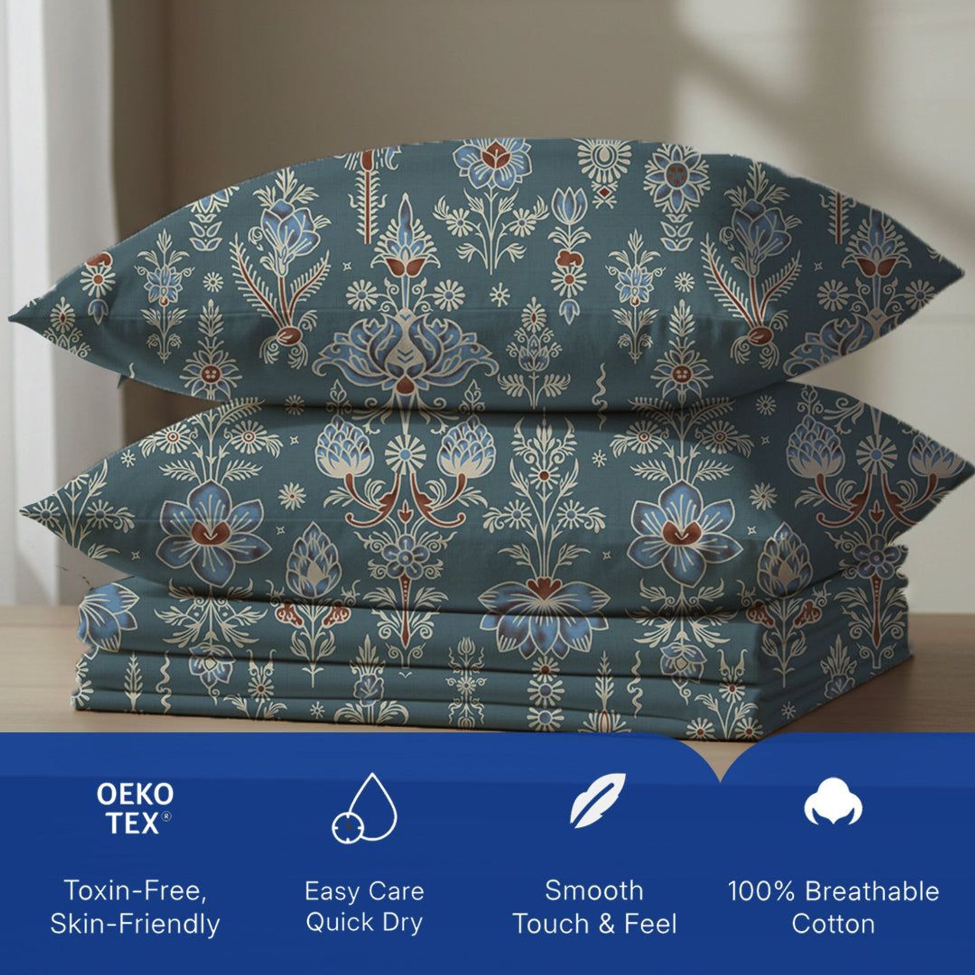 Indian Heritage 120 GSM Microfibre Blue Queen Bedsheet Set | Serene Nest