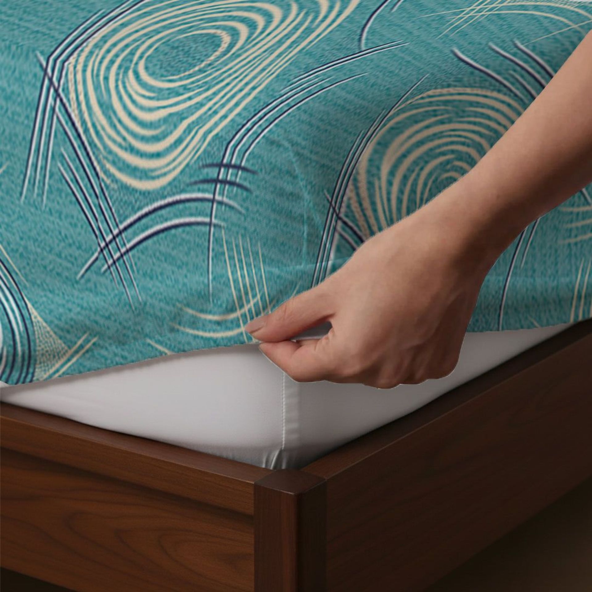 Geometric 120 GSM Microfibre Teal Queen Fitted Sheet Set | Serene Nest