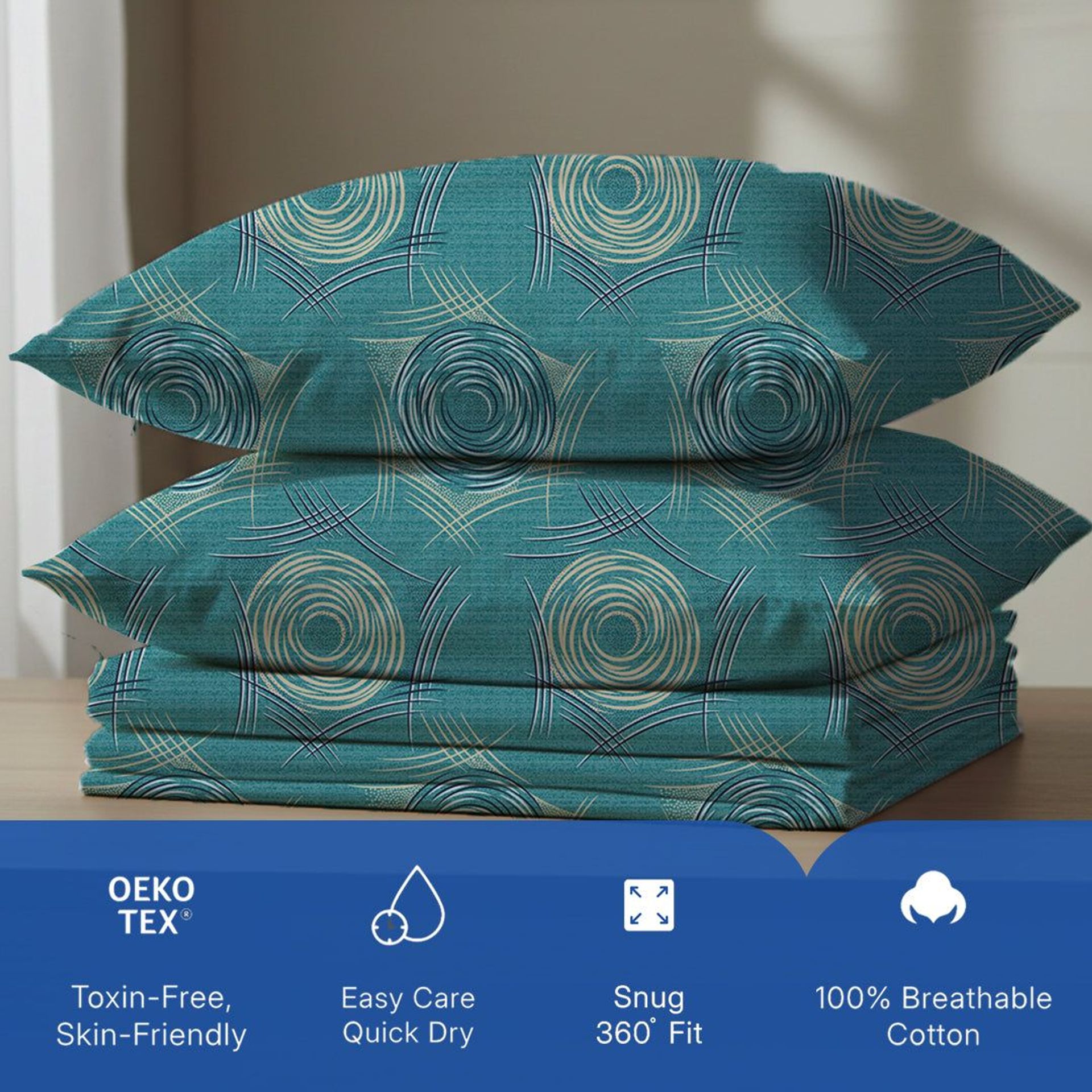 Geometric 120 GSM Microfibre Teal Queen Fitted Sheet Set | Serene Nest